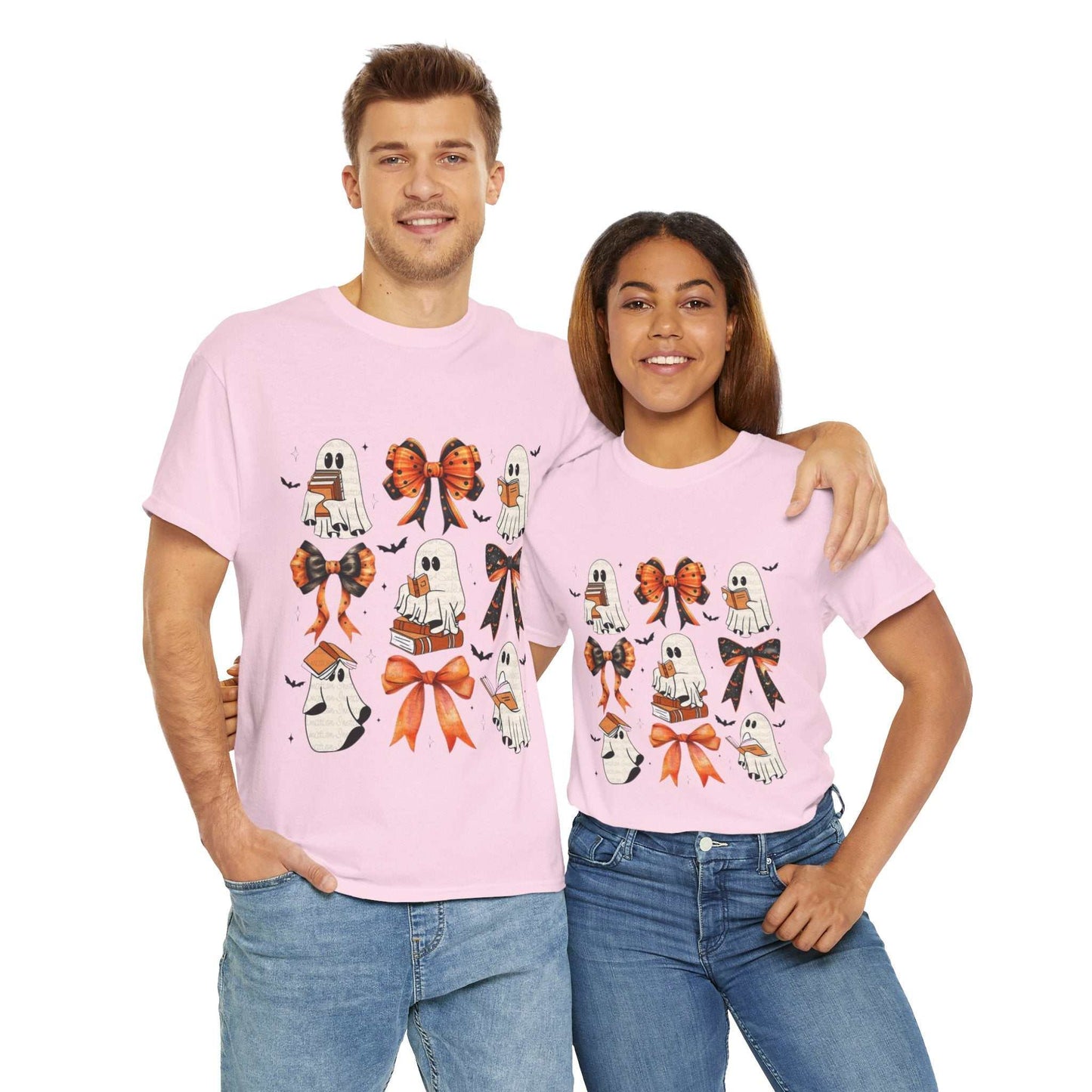 Unisex Book Ghost Halloween Shirt featuring coquette ghost design, perfect for Halloween gifting.