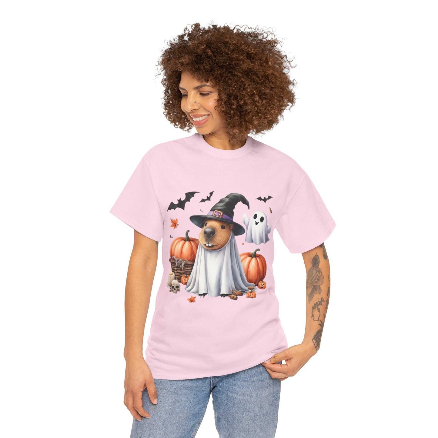 Halloween Capybara Shirt featuring spooky capybara with witch hat, pumpkins, and ghosts design, unisex heavy cotton tee.