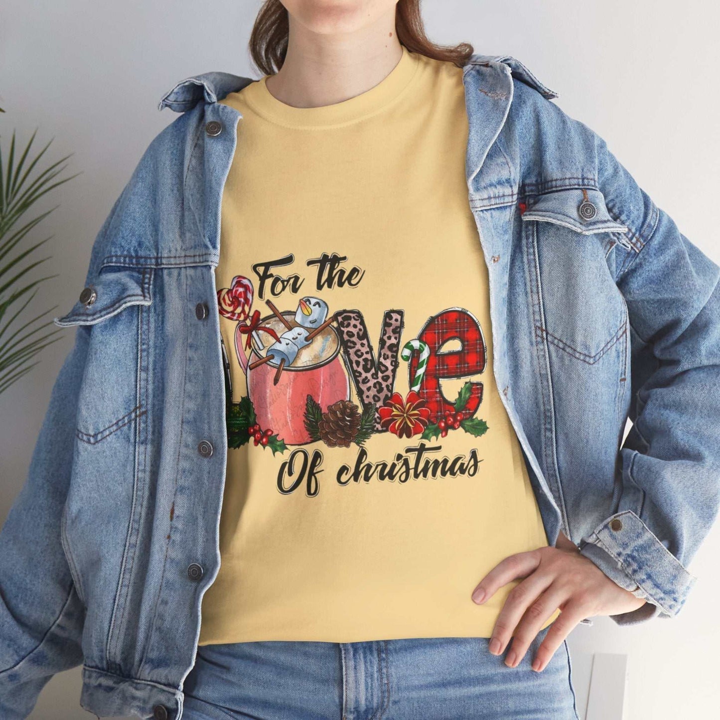 For The Love Of Christmas Shirt with festive design worn under denim jacket, perfect holiday gift.