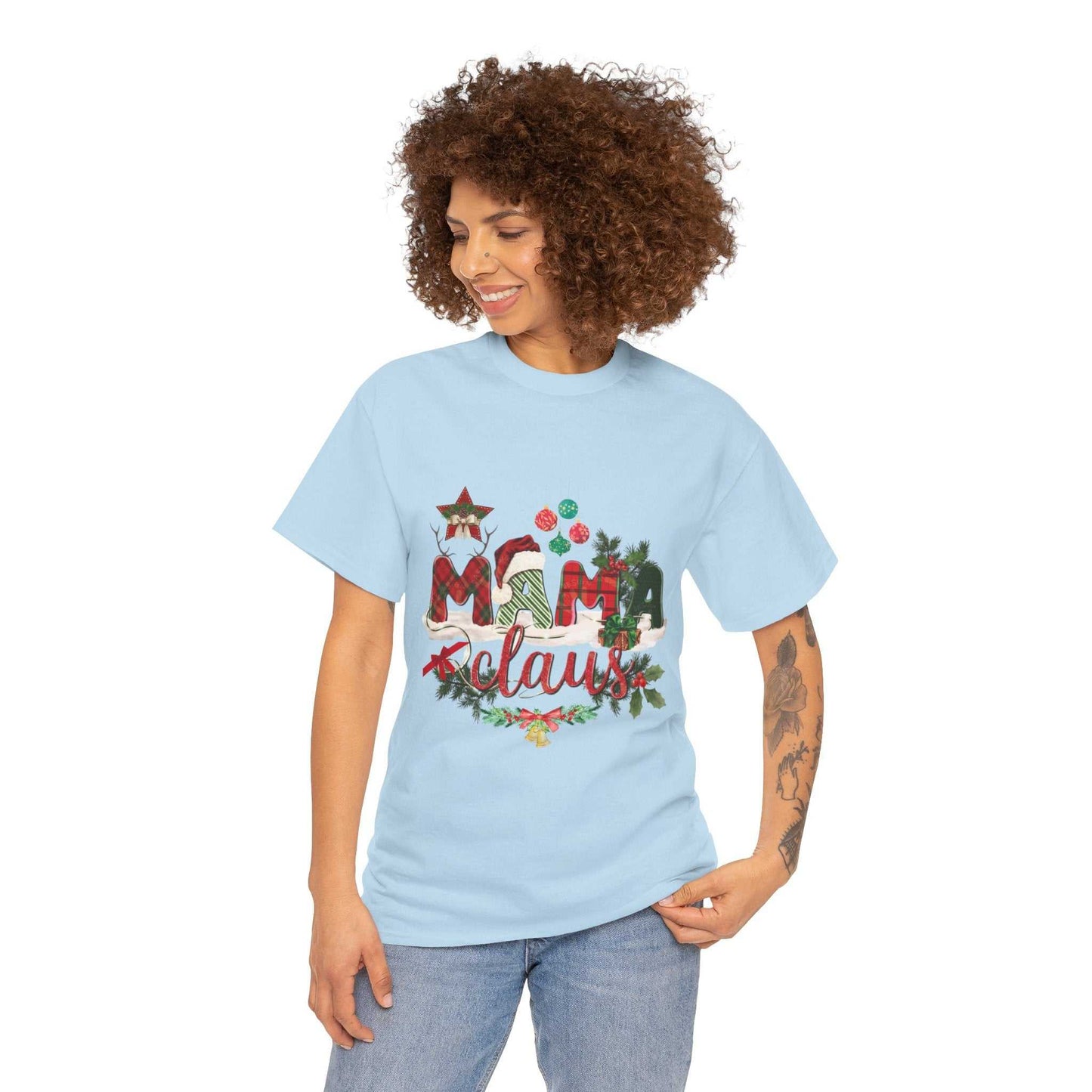 Mama Claus Christmas Shirt in light blue, featuring festive "Mama Claus" design with holiday decorations.