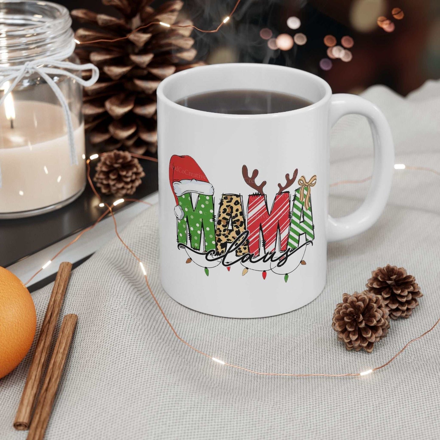 Mama Claus mug featuring festive designs, perfect for enjoying holiday drinks and celebrating the magic of Christmas.