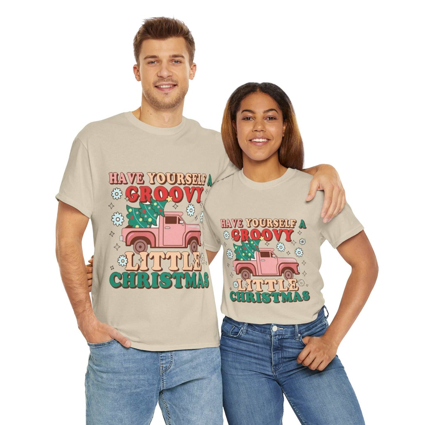 Retro Christmas shirts featuring a groovy holiday design, perfect festive gift for holiday cheer.