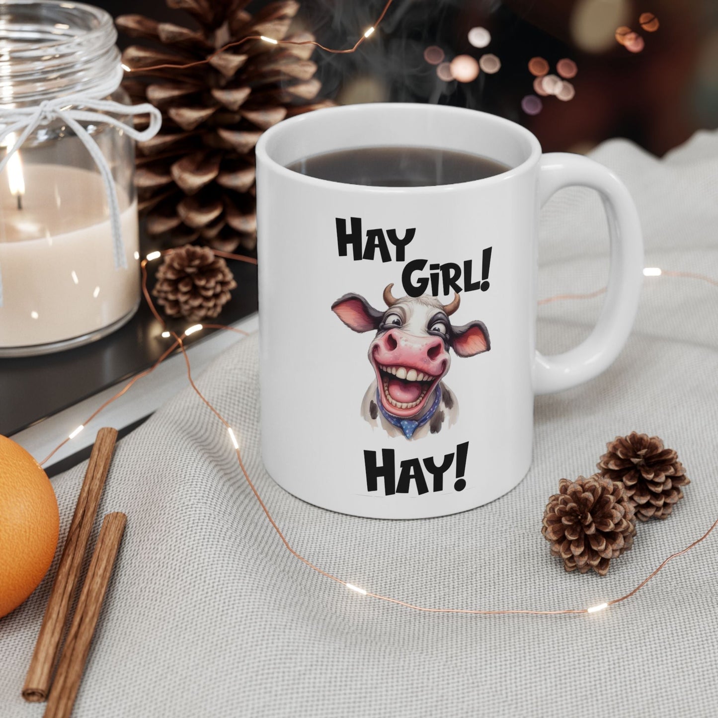 Cute cow ceramic mug with humorous design, perfect for animal lovers.