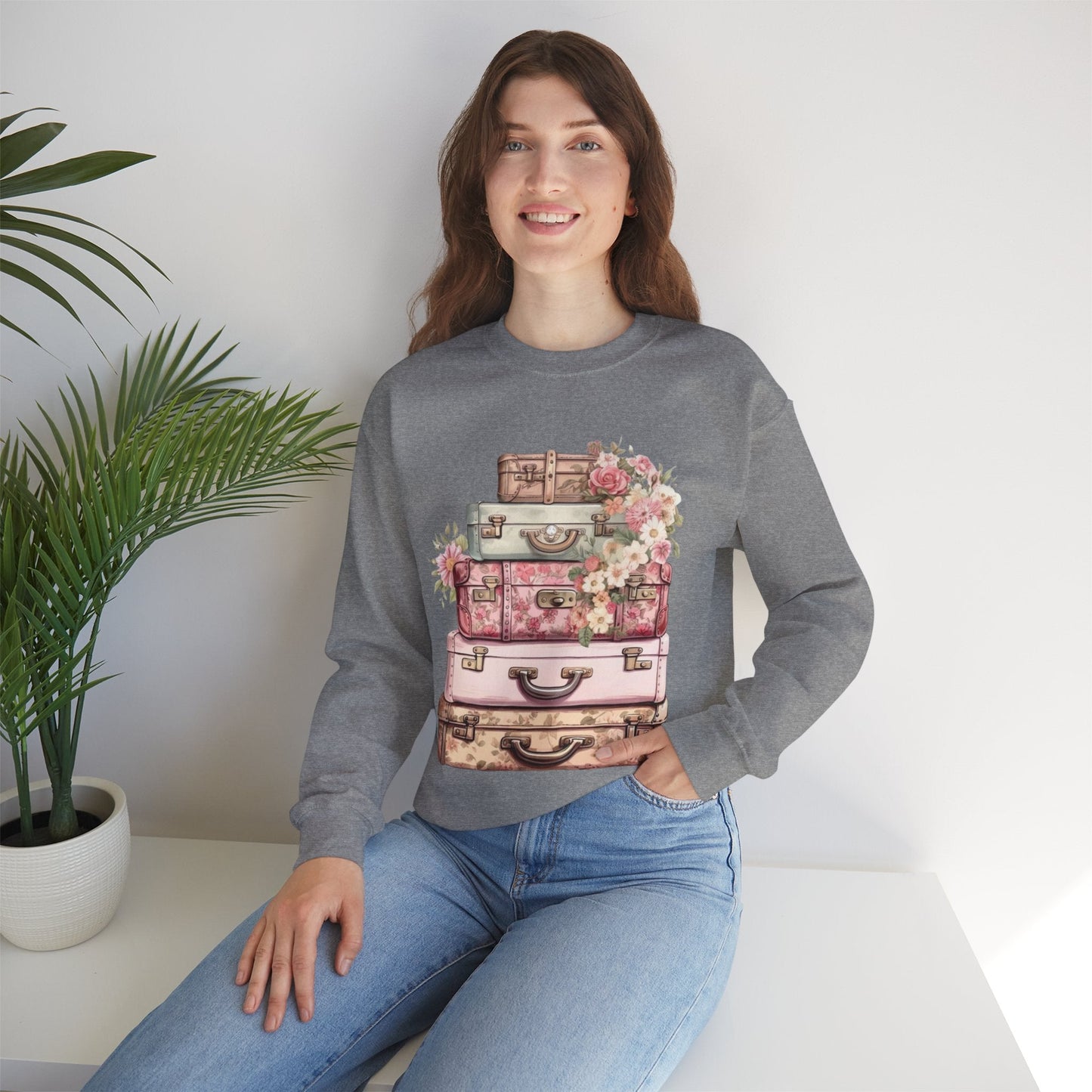 Vintage Floral Luggage Sweatshirt - Cozy Travel Inspired Apparel
