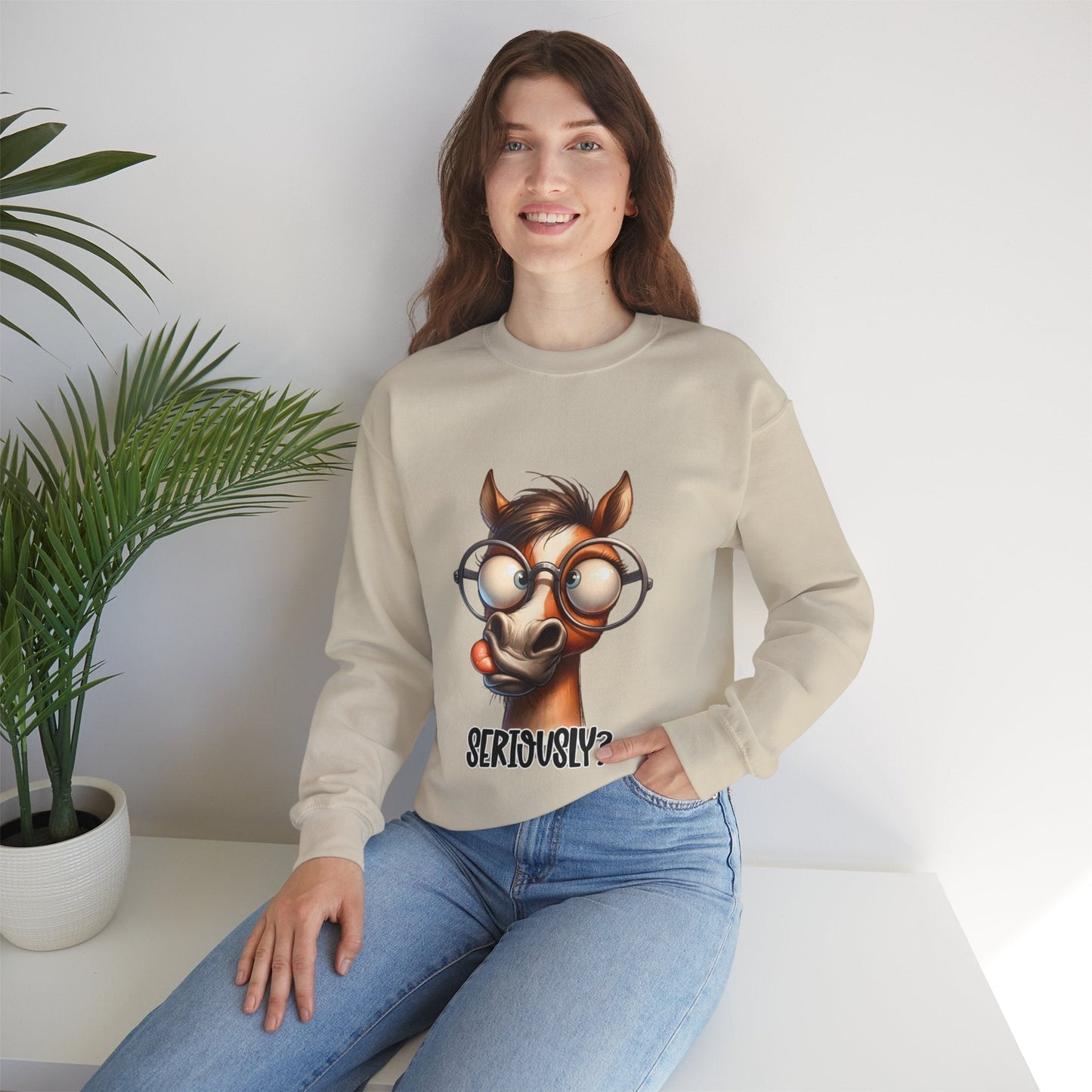 Funny Horse Graphic Crewneck Sweatshirt - 'Seriously?' Unisex Sweatshirt