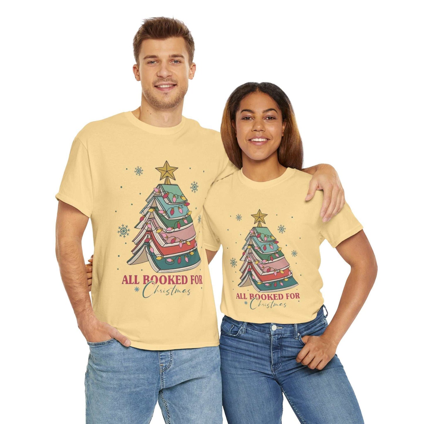 All Booked For Christmas shirt with festive book tree design, ideal gift for book lovers.