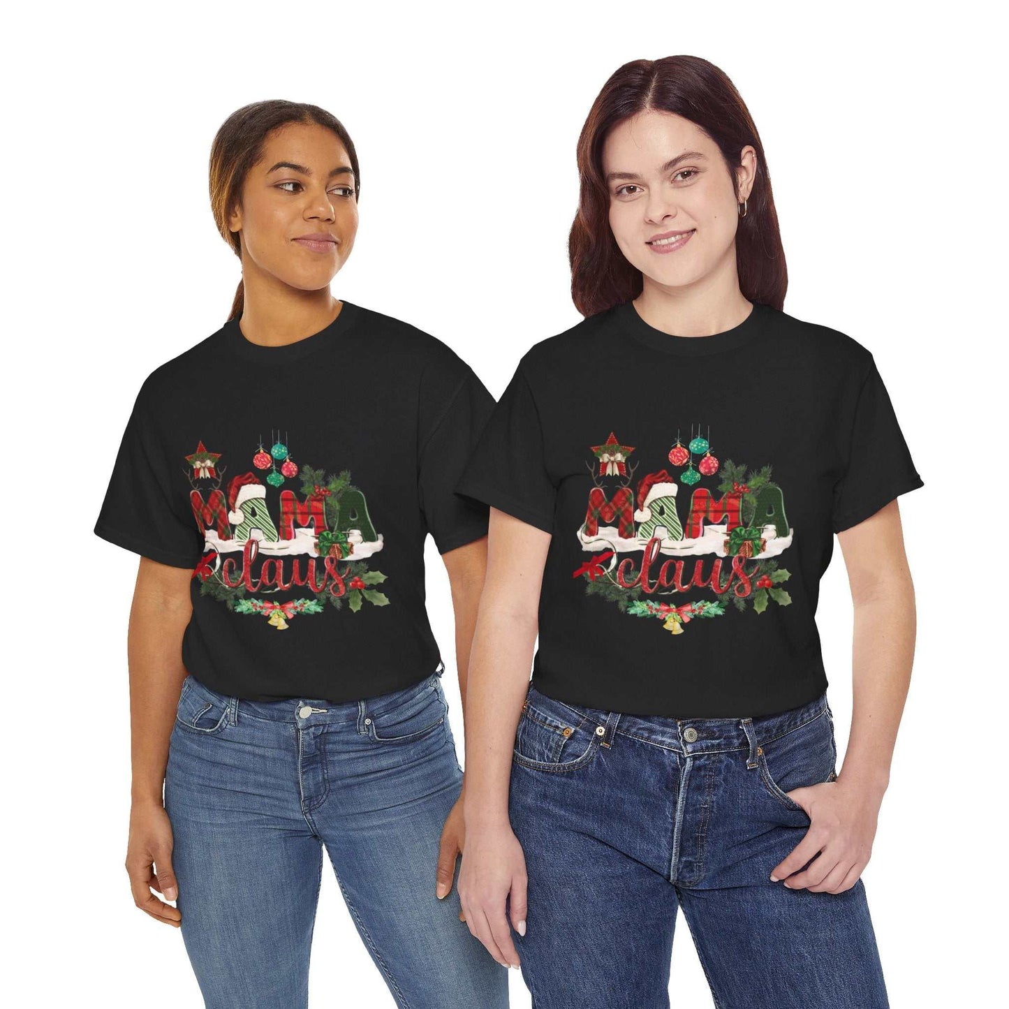 Mama Claus Christmas Shirt worn by two women, featuring festive design for holiday celebration.