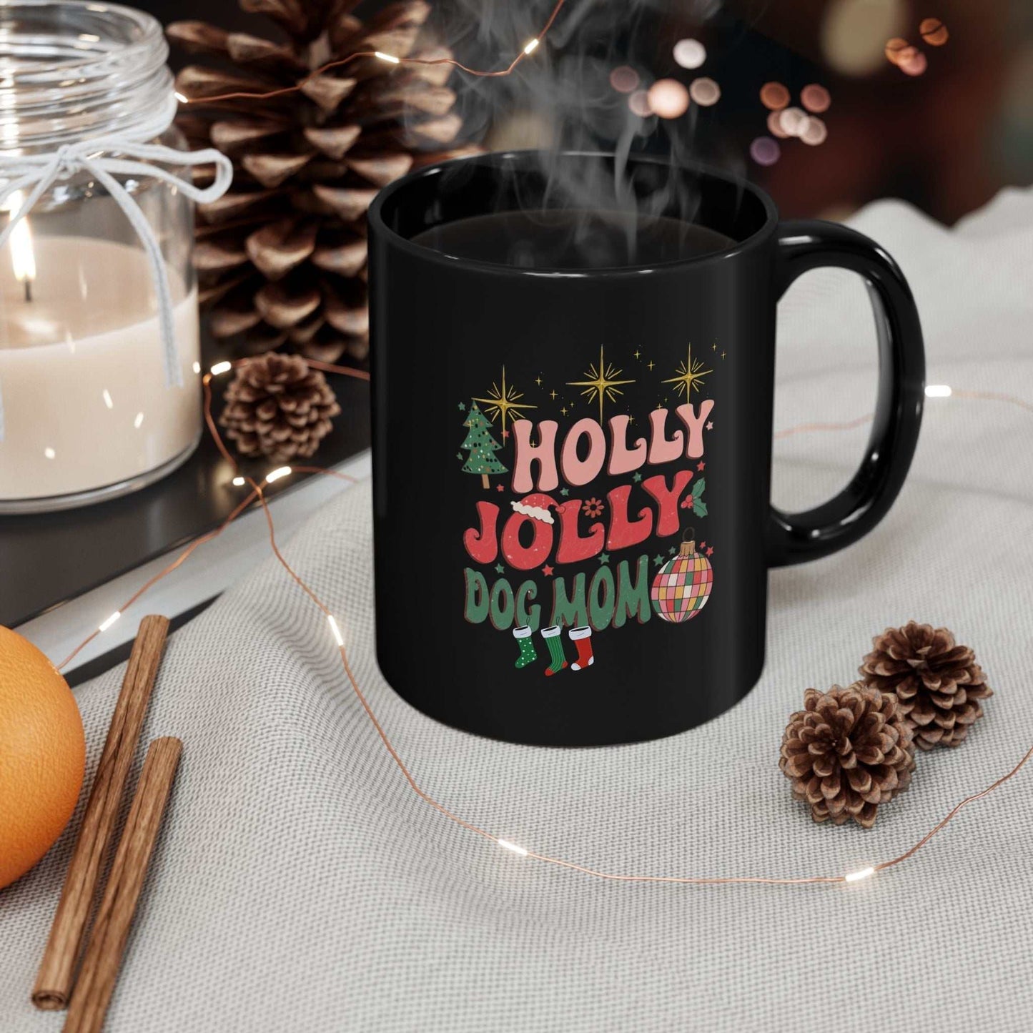 Retro Christmas mug with "Holly Jolly Dog Mom" design, perfect festive gift.