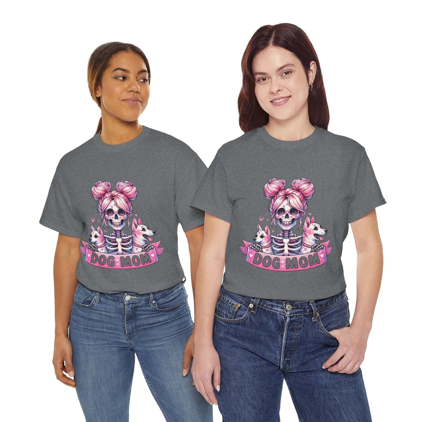 Dog Mom Halloween Shirt with skeleton and pink hair design, perfect for pet lovers and spooky season.
