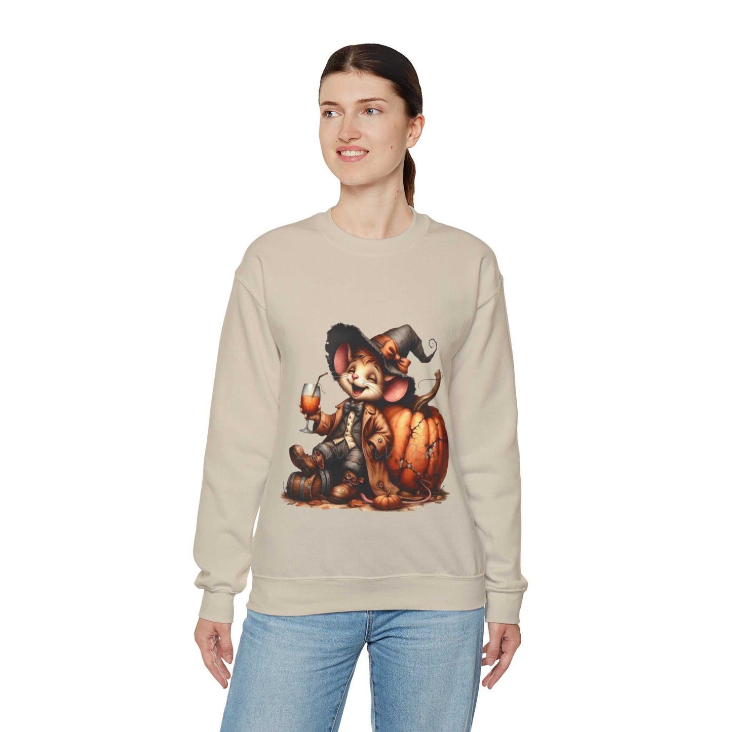 Funny Mouse Halloween Sweetshirt featuring cute mouse and pumpkin design, ideal for spooky season.
