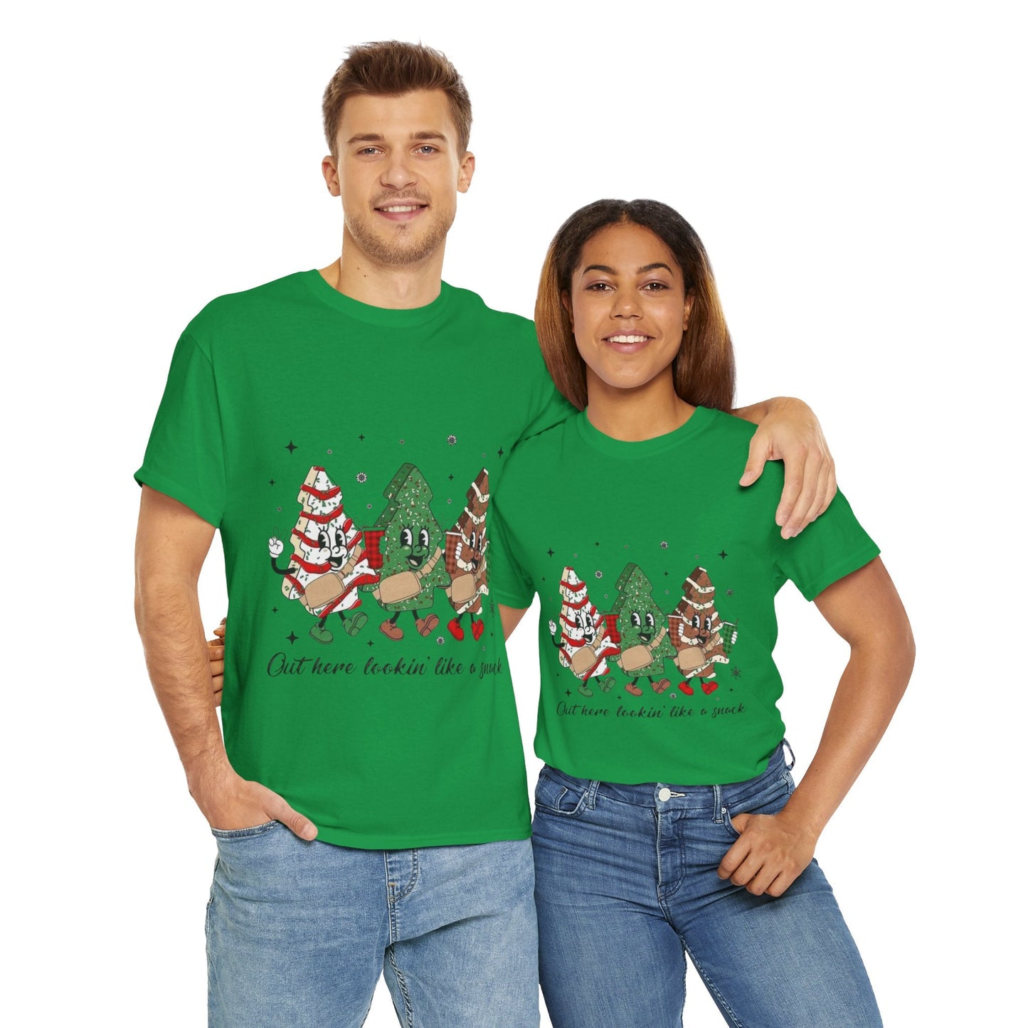 Festive green "Out Here Looking Like a Snack" shirt, perfect Christmas season gift.