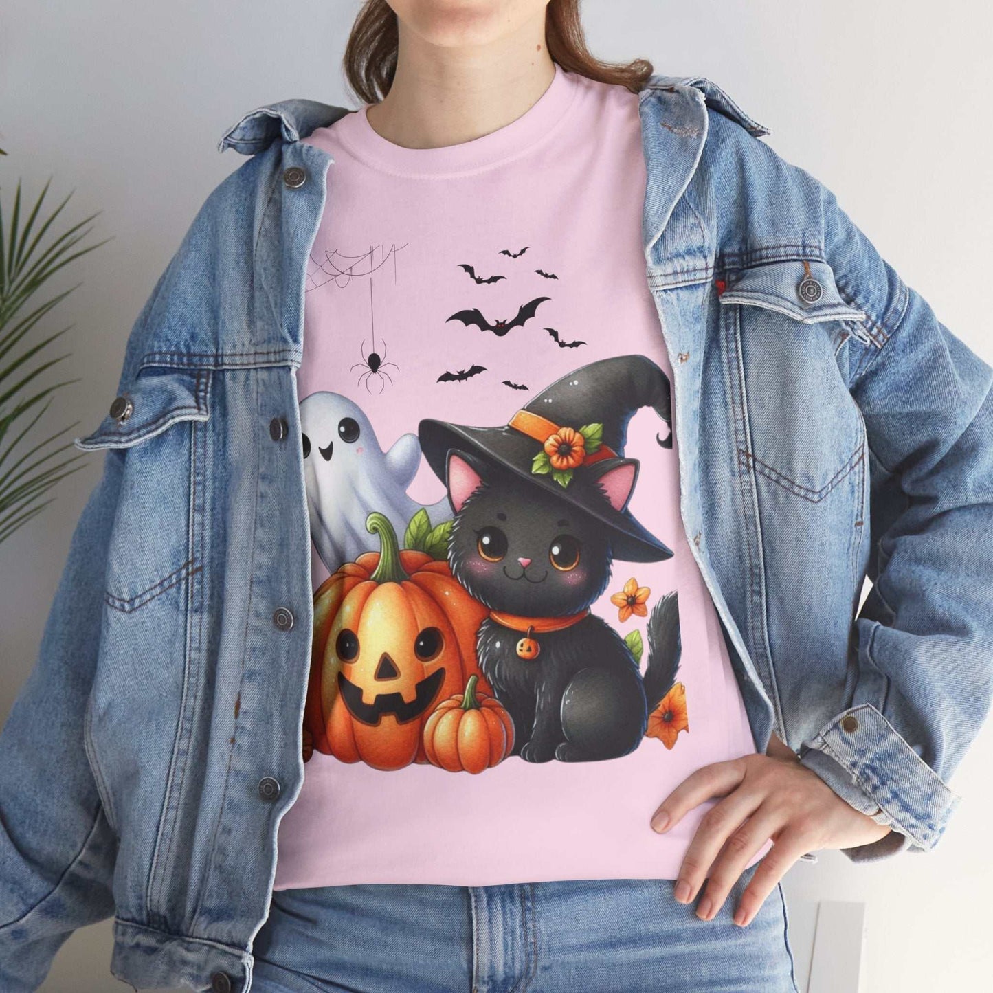 Halloween Cat Kids Shirt with black cat wearing witch hat, surrounded by pumpkins and ghost.