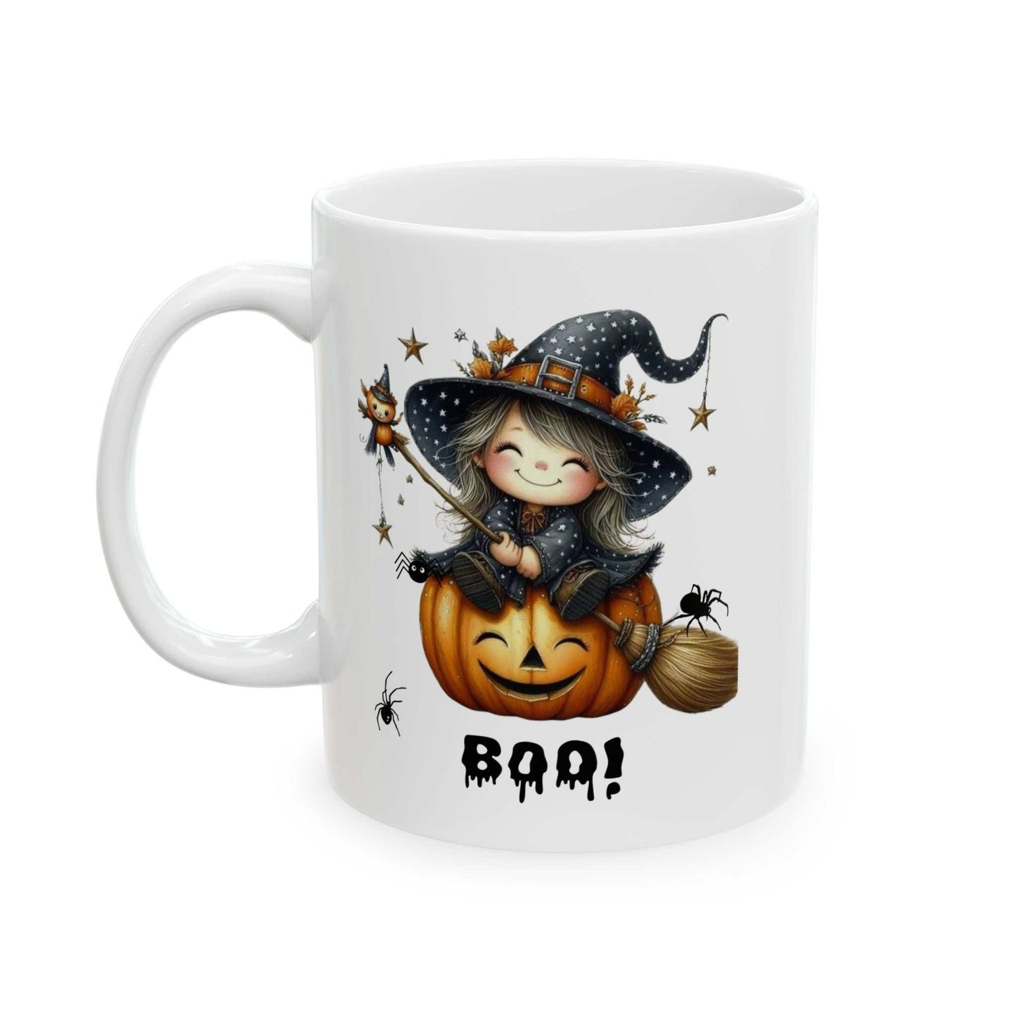 Cute Halloween girl ghost mug with witch design, perfect for spooky season.