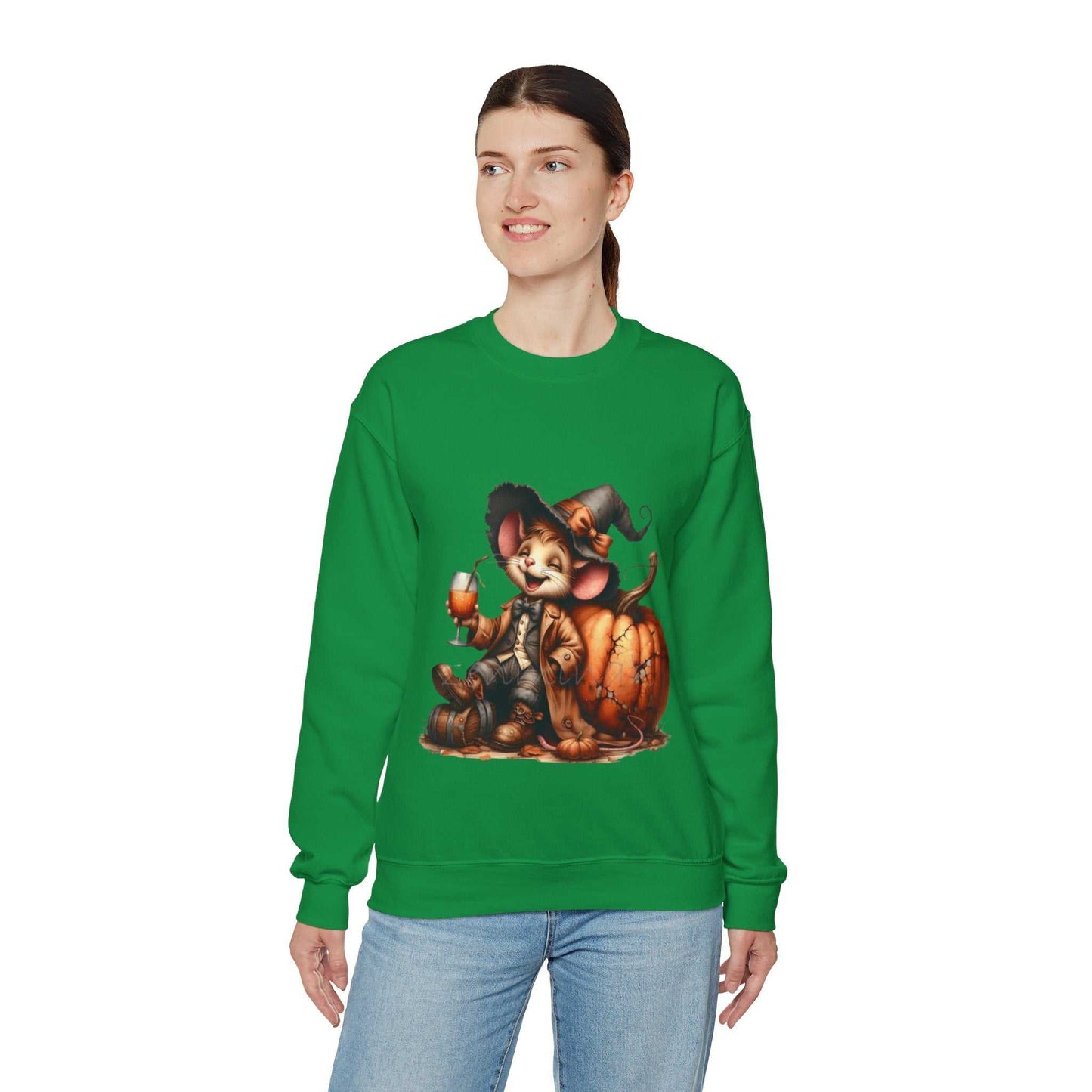 Funny Mouse Halloween Sweetshirt with cute mouse and pumpkin design, perfect for spooky season and Halloween lovers.