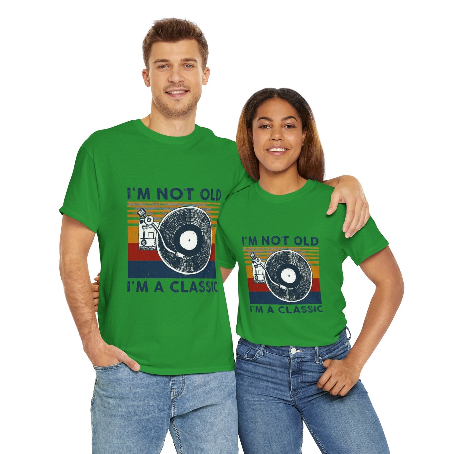 Retro Vinyl Record Unisex Heavy Cotton Tee with "I'm Not Old, I'm A Classic" design.