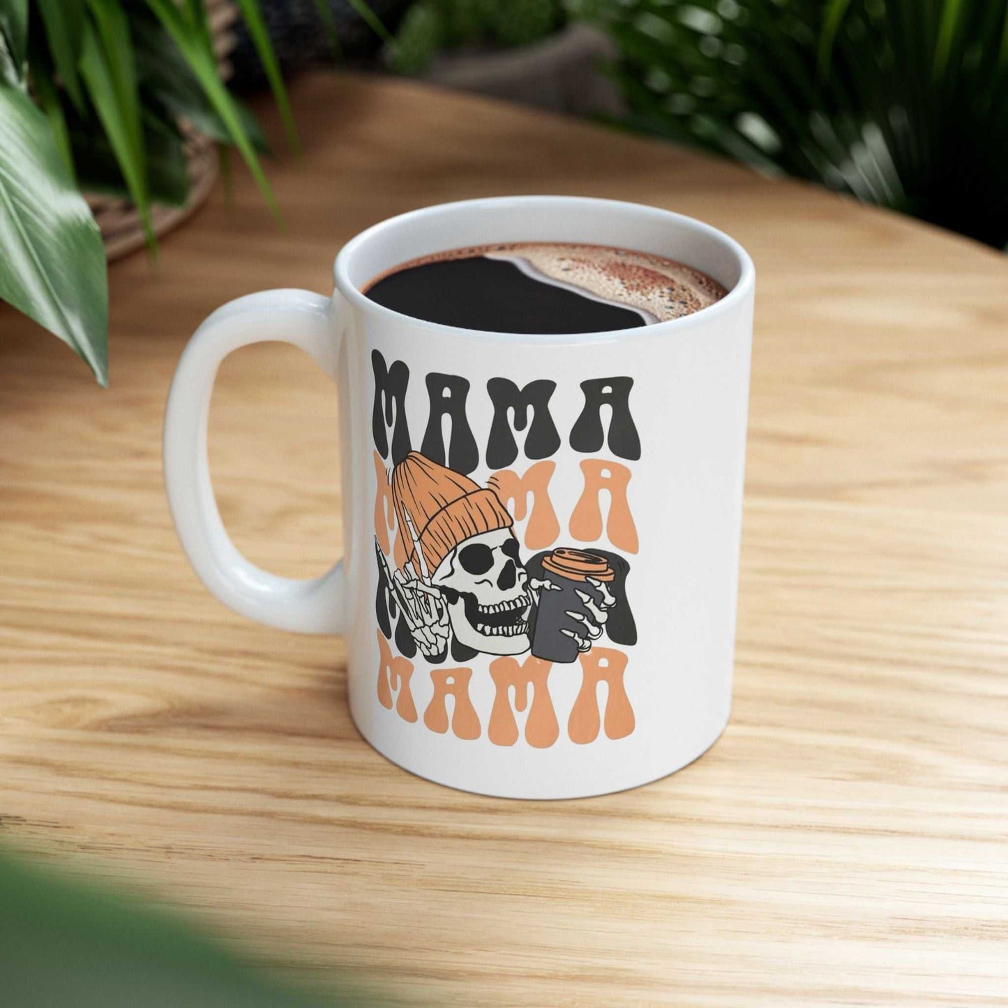 Ceramic coffee mug with Halloween skeleton design, Mama Coffee Halloween Mugs, durable and customizable.