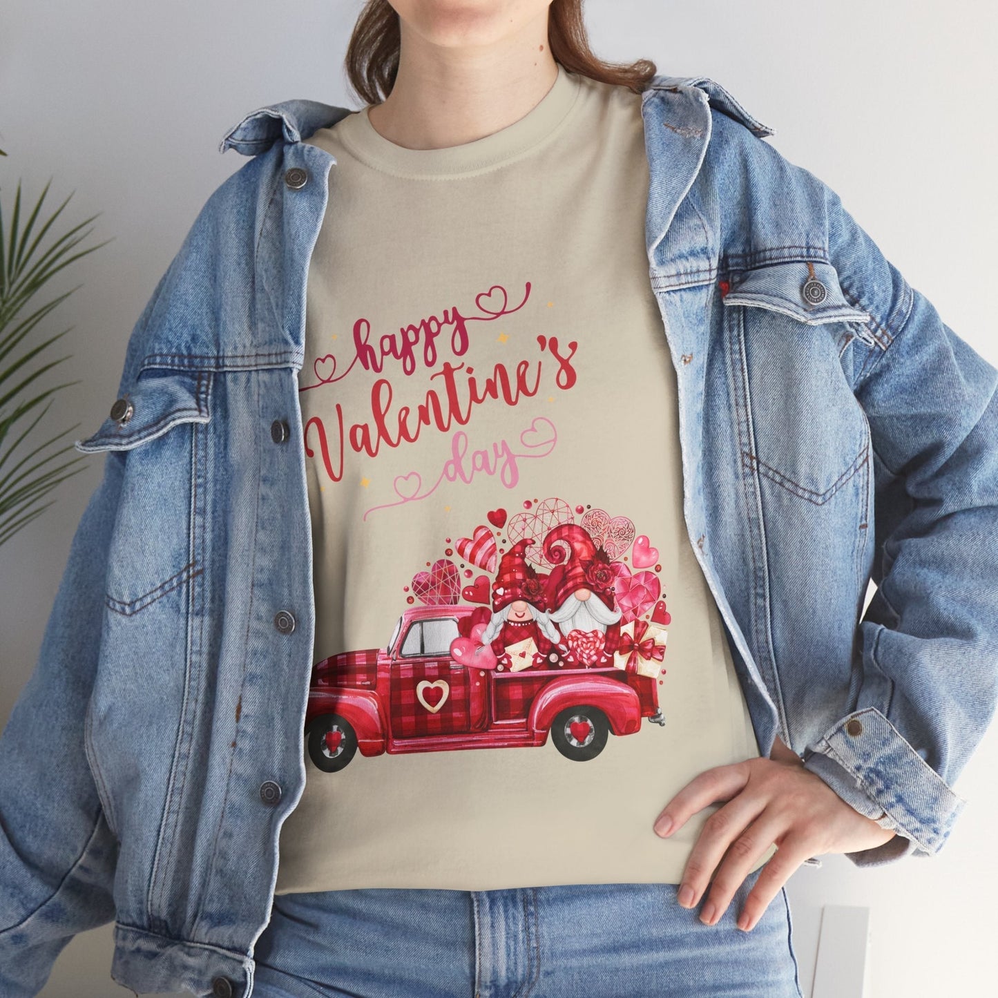 Valentine's Day Truck Hearts T-Shirt worn by a person; vintage truck with hearts design.
