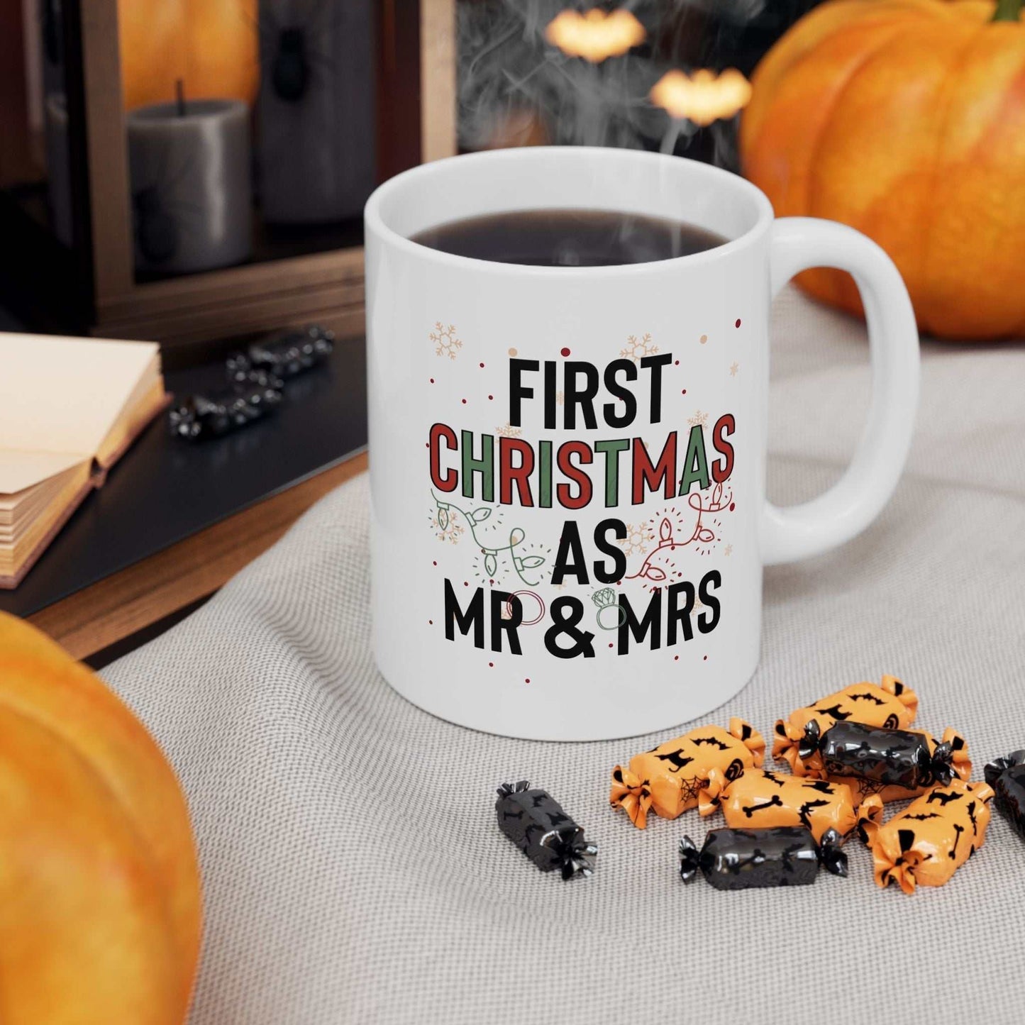 First Christmas As Mr and Mrs Mugs with a festive and romantic design. A perfect Christmas couple gift for newlyweds!