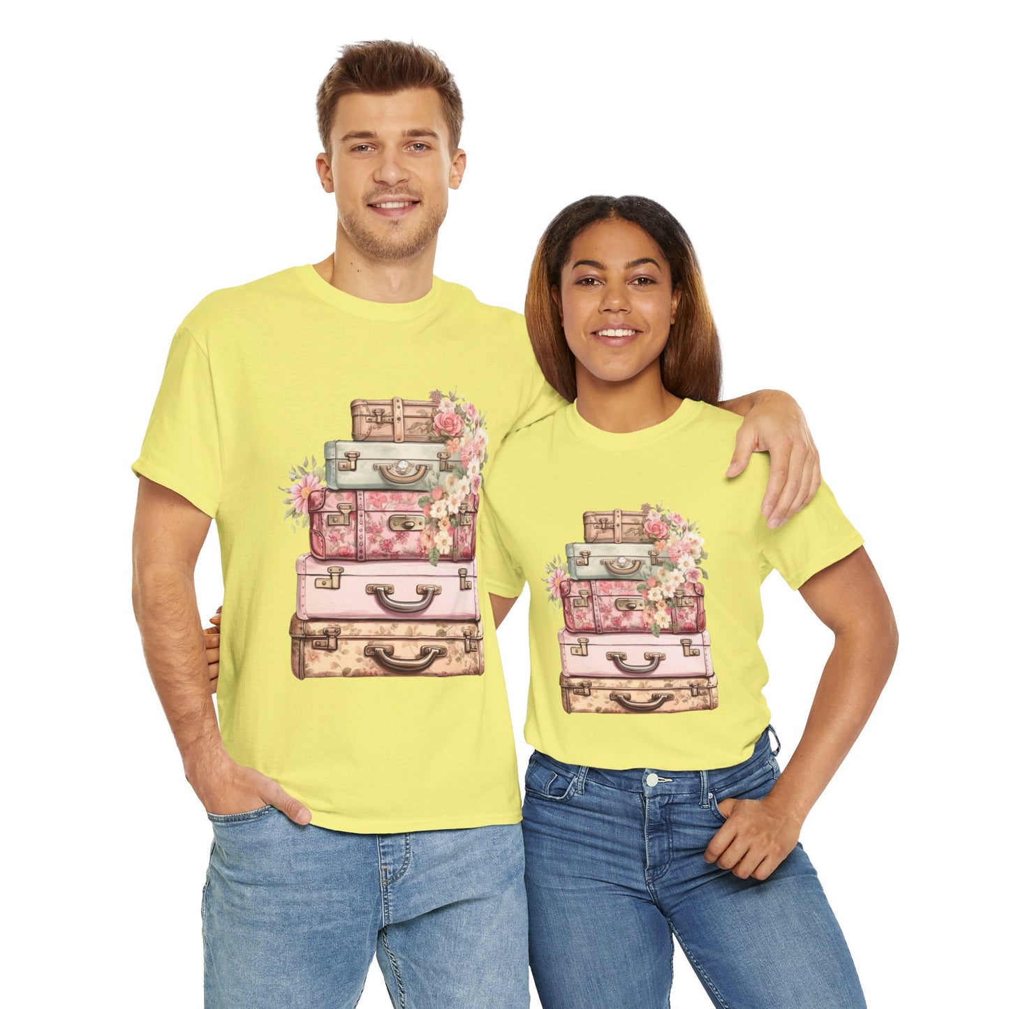 Vintage Floral Suitcase Tee - Unisex Heavy Cotton Tee
