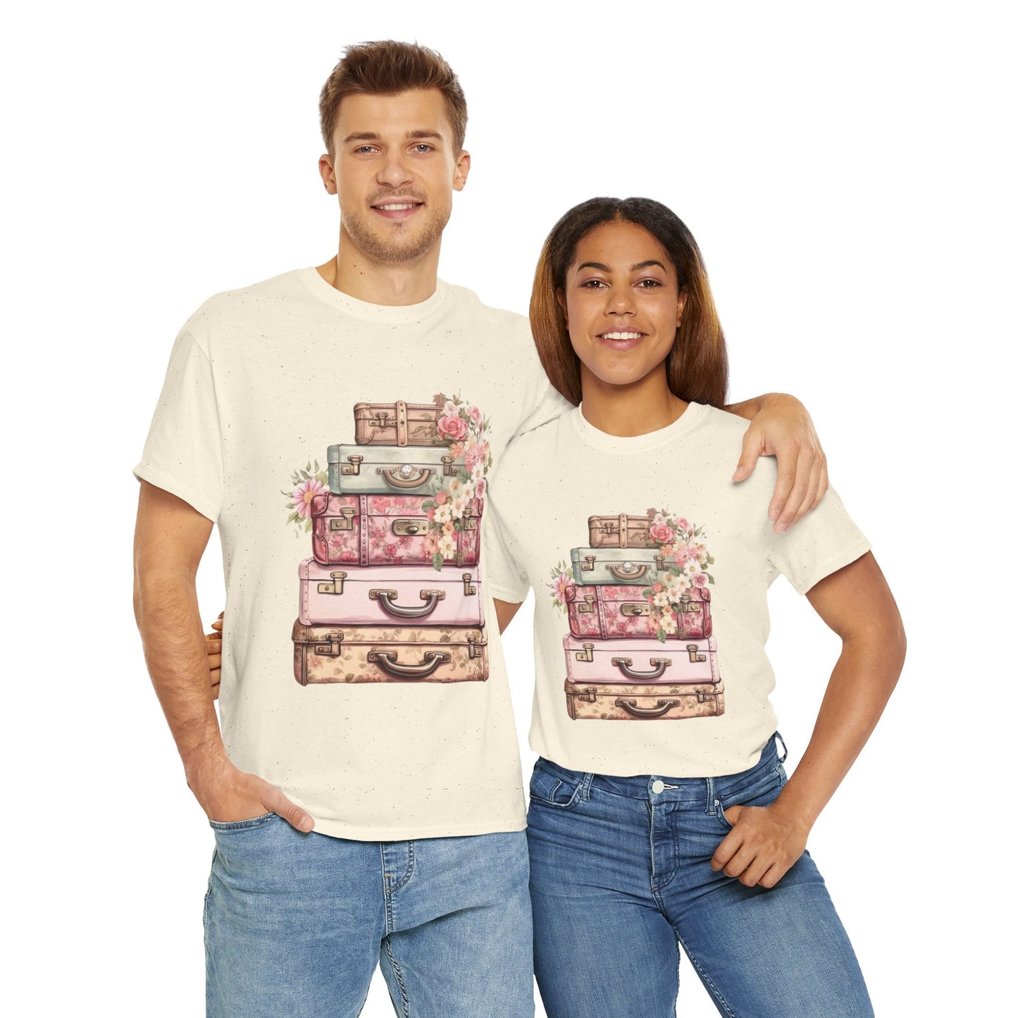 Vintage Floral Suitcase Tee - Unisex Heavy Cotton Tee