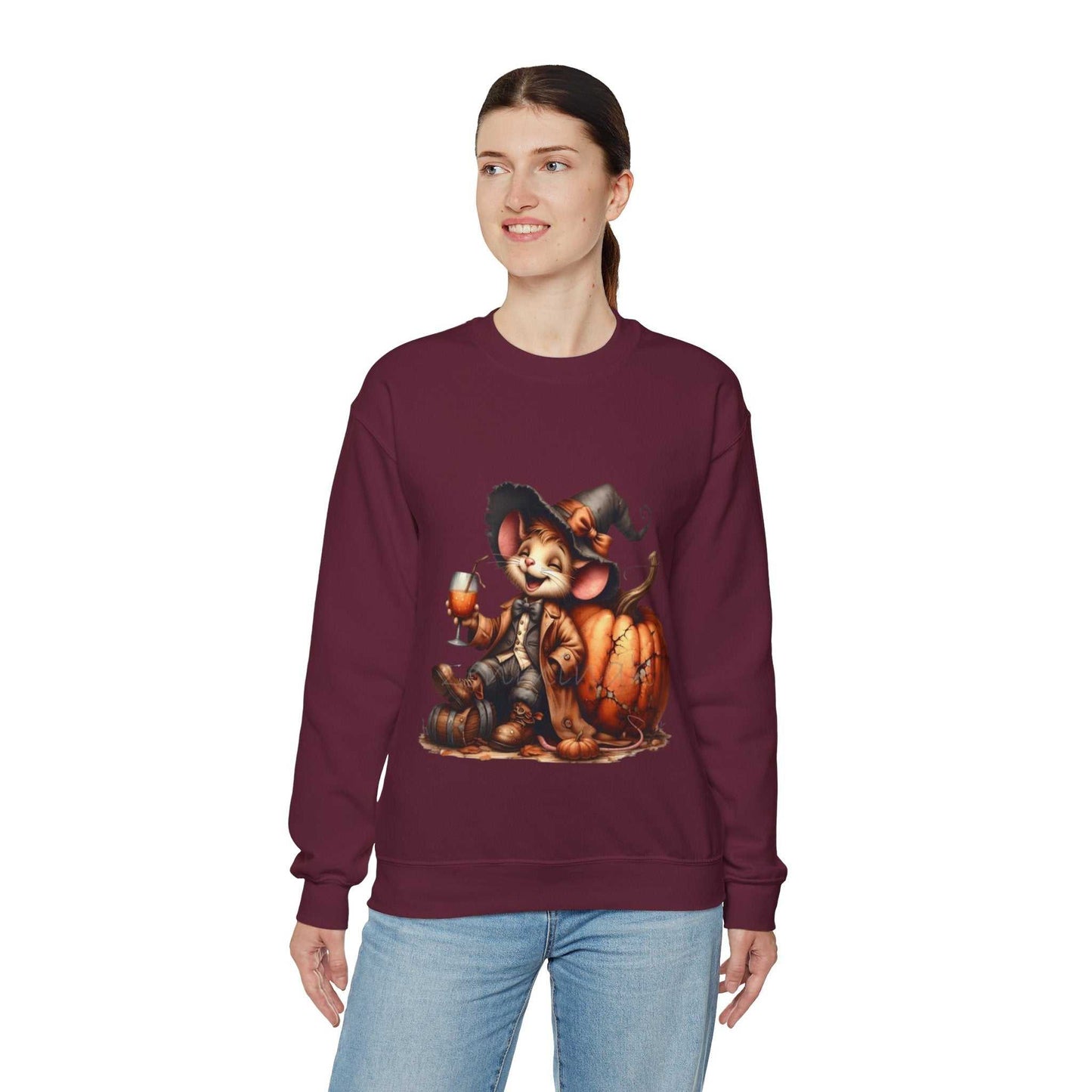 Cute funny mouse Halloween sweatshirt with pumpkin design, unisex comfy crewneck, perfect for spooky season.