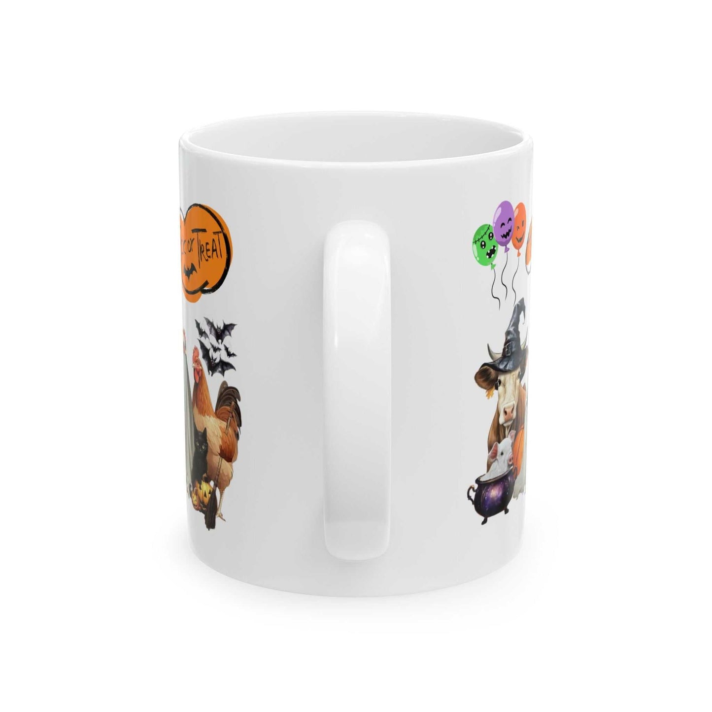 Festive Trick or Treat Halloween mug with spooky design and colorful prints.