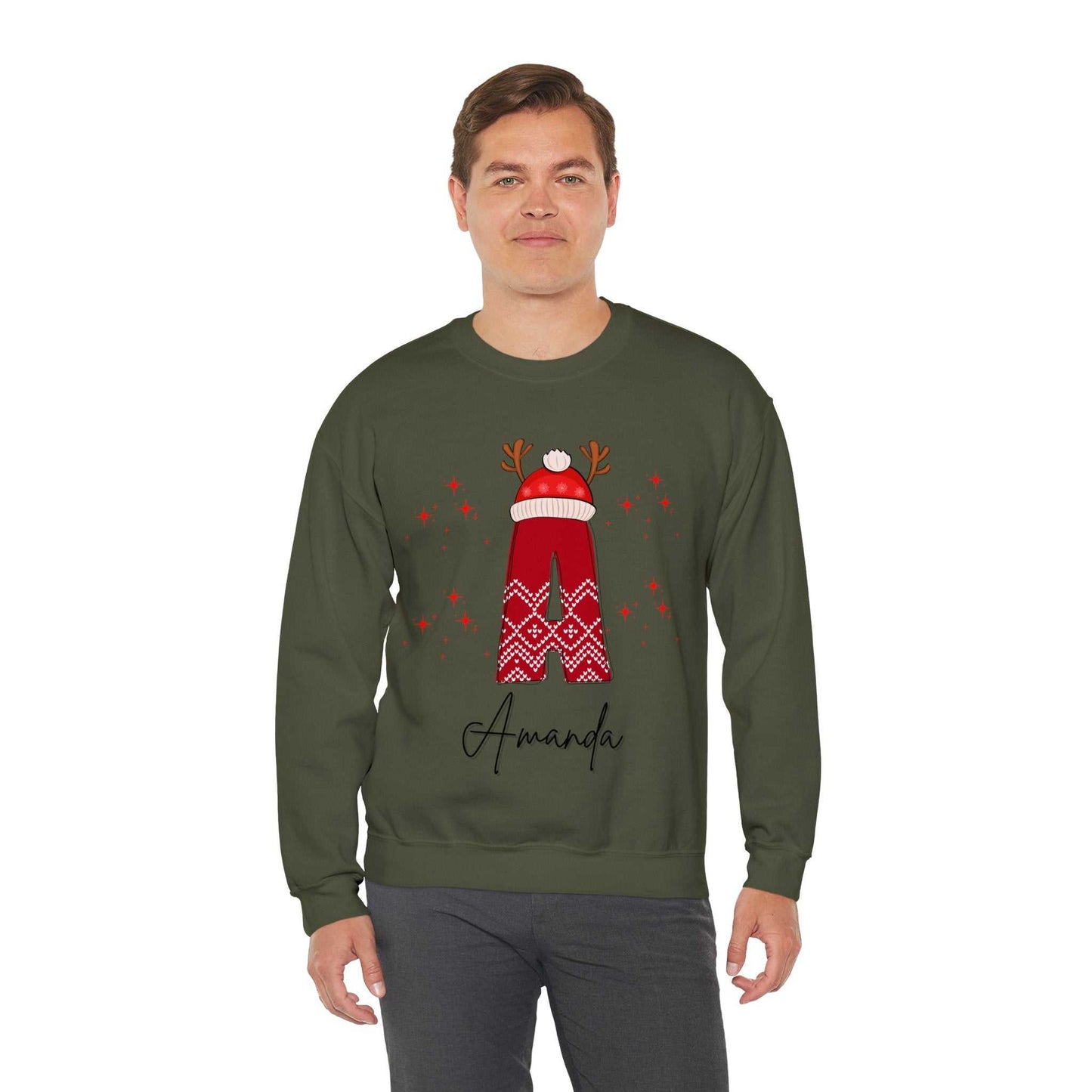 Olive green family Christmas sweatshirt personalized with reindeer and snowflake design.