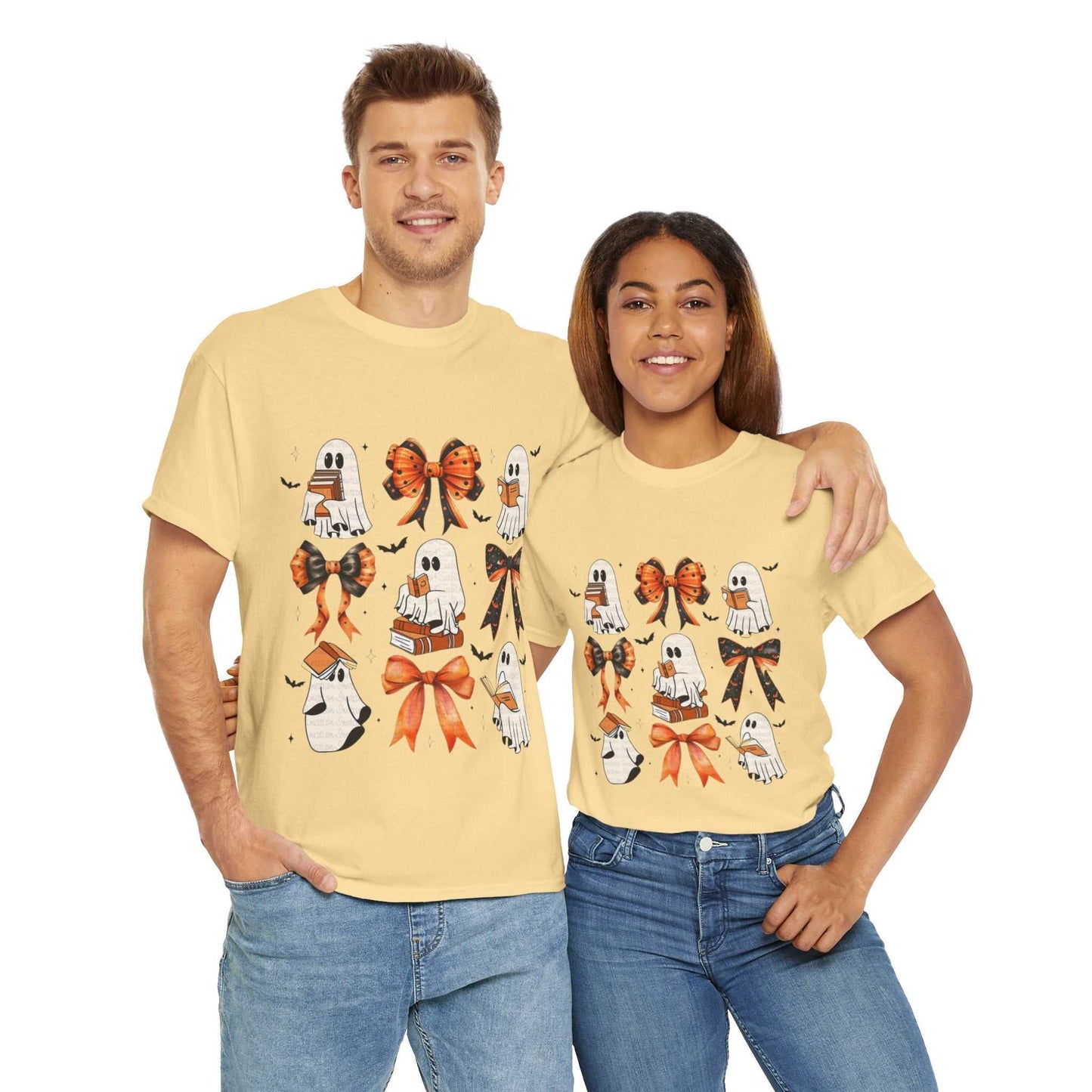 Unisex Book Ghost Halloween Shirt with whimsical ghost and book design, perfect Halloween gift.