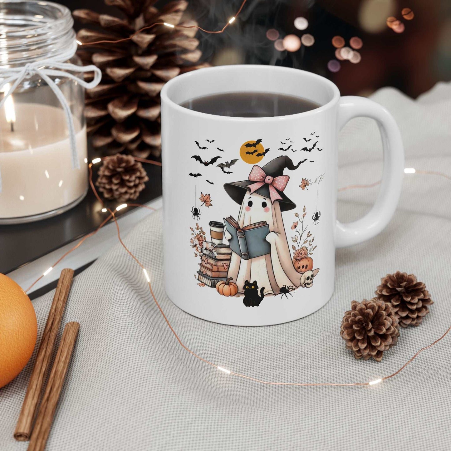 Ghost Book Mugs, Ghost Reading Halloween Mugs with Coffee, Gift for Halloween Lovers