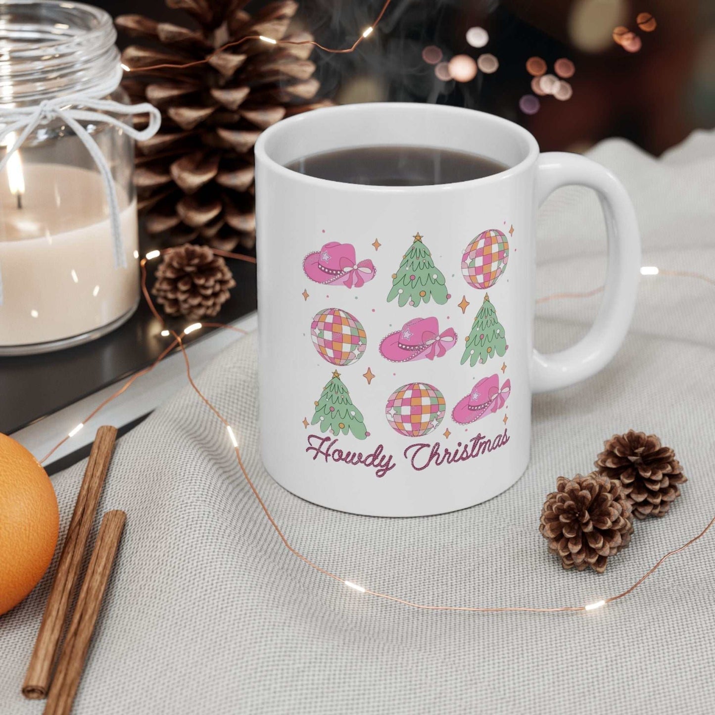 Festive Howdy Christmas mug with western-themed design, perfect for holiday gifts.