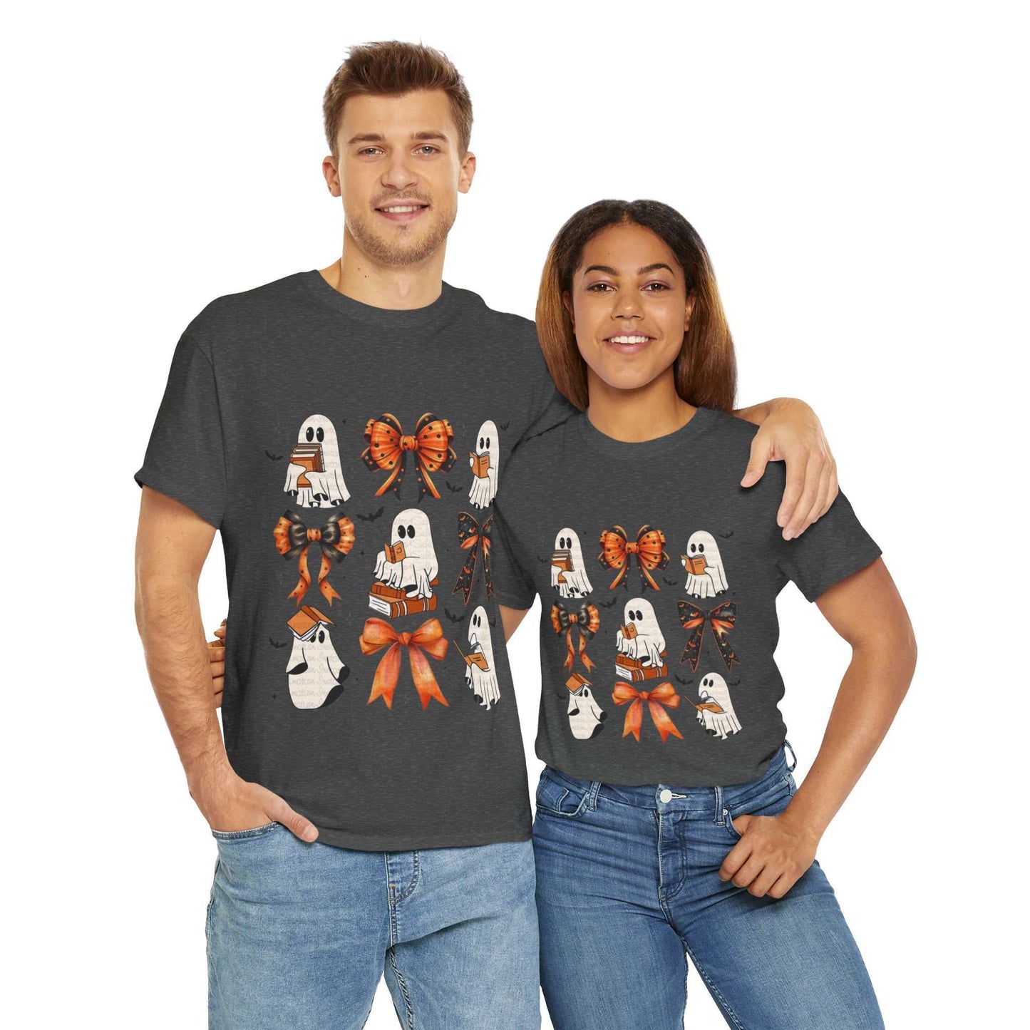 Book Ghost Halloween Shirt featuring whimsical ghost designs with books and bows, perfect for Halloween.