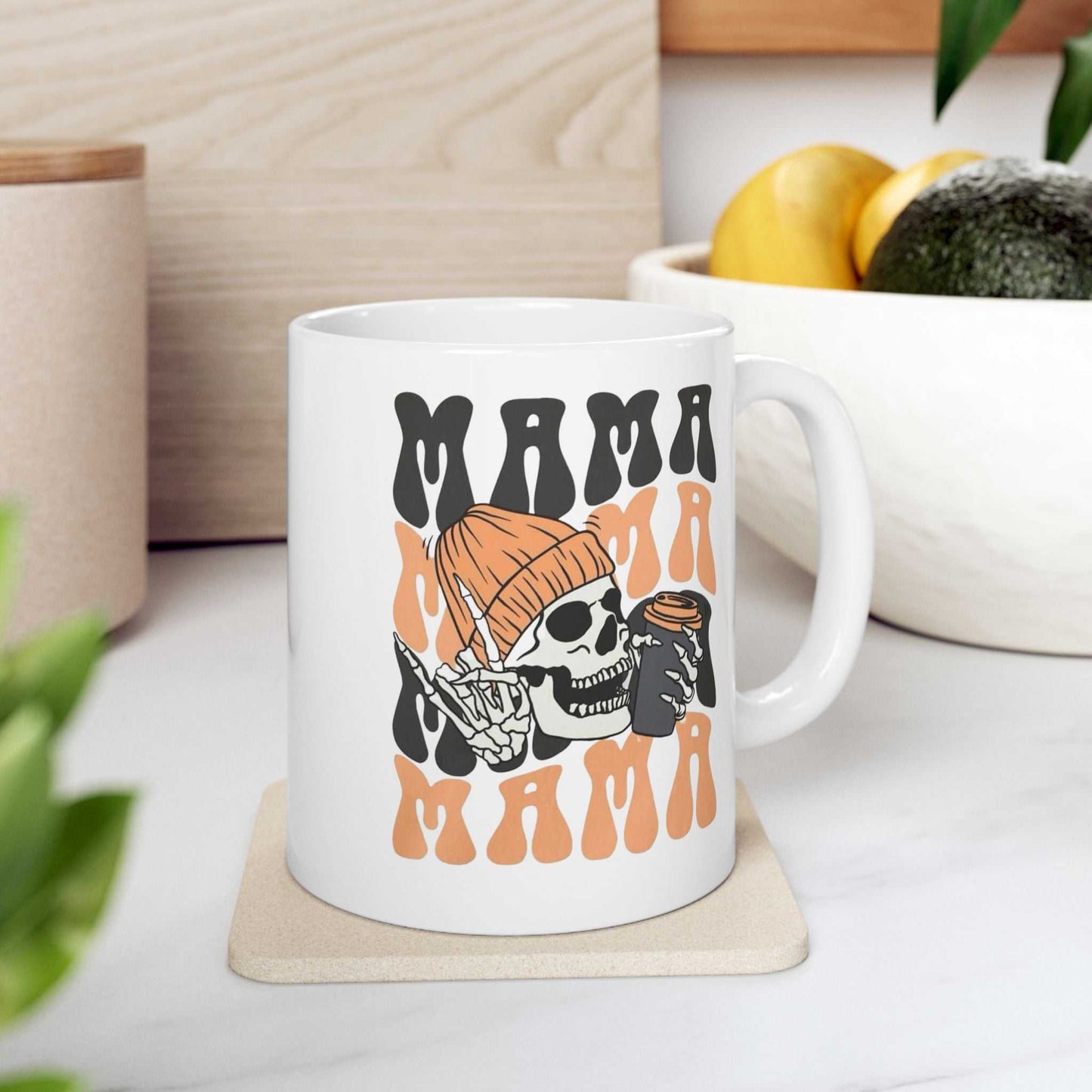 Mama Coffee Halloween Mug with skeleton design, BPA-free, ceramic, perfect for coffee lovers.