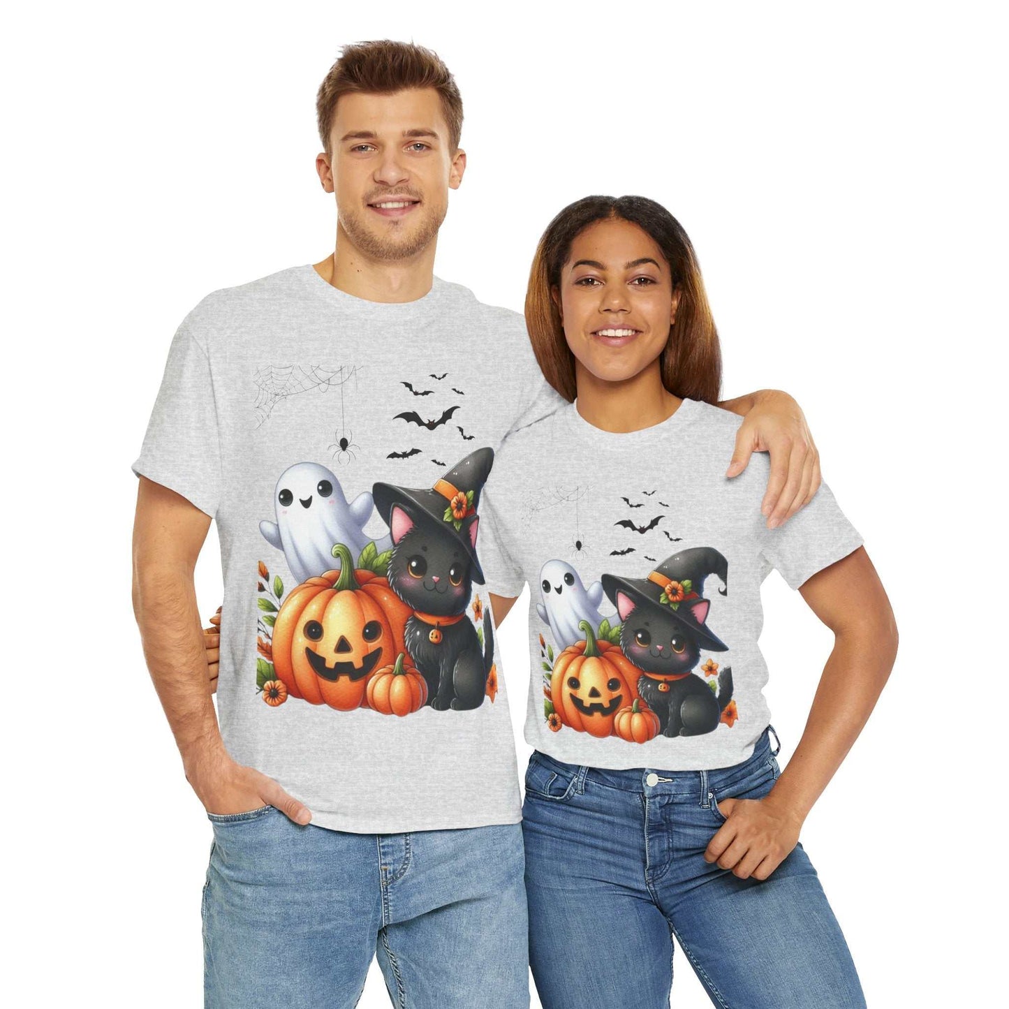 Halloween Cat Kids Shirt featuring black cat, ghost, and pumpkin design, perfect for spooky season.