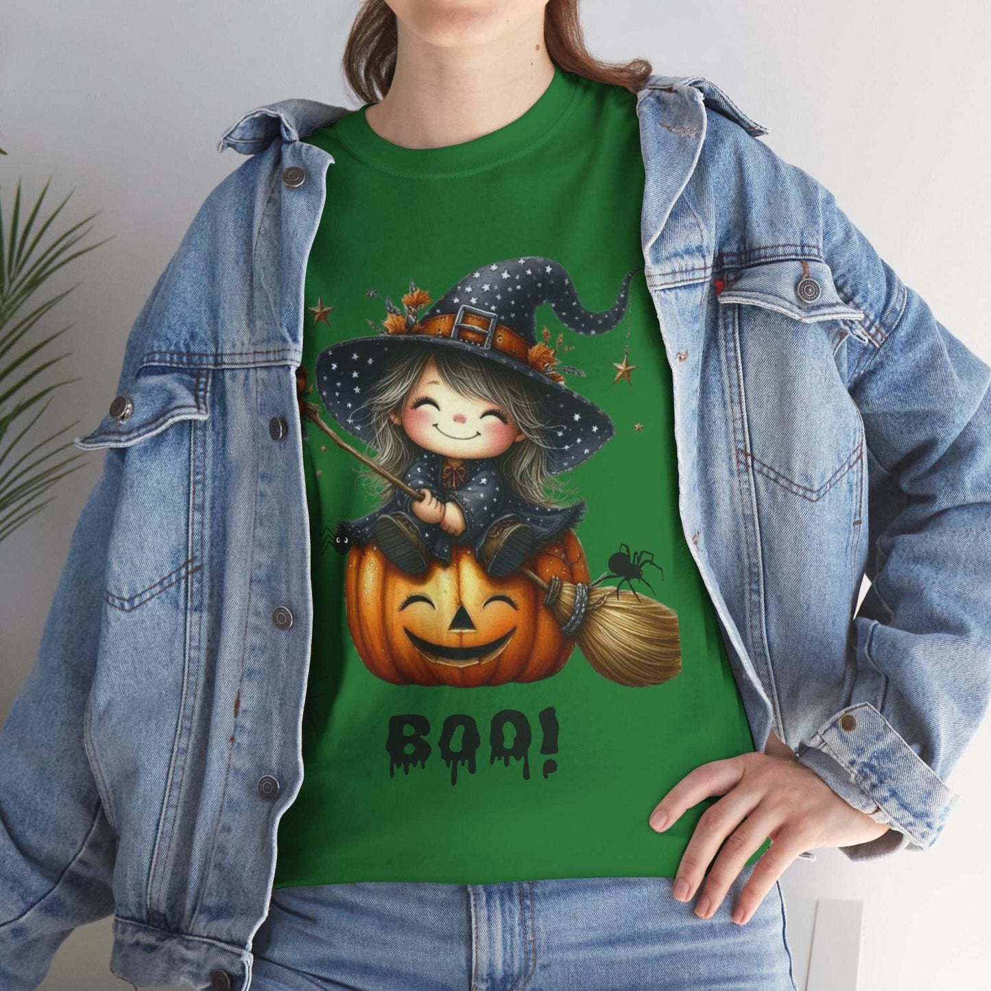 Halloween girl ghost shirt with cute witch on pumpkin design.