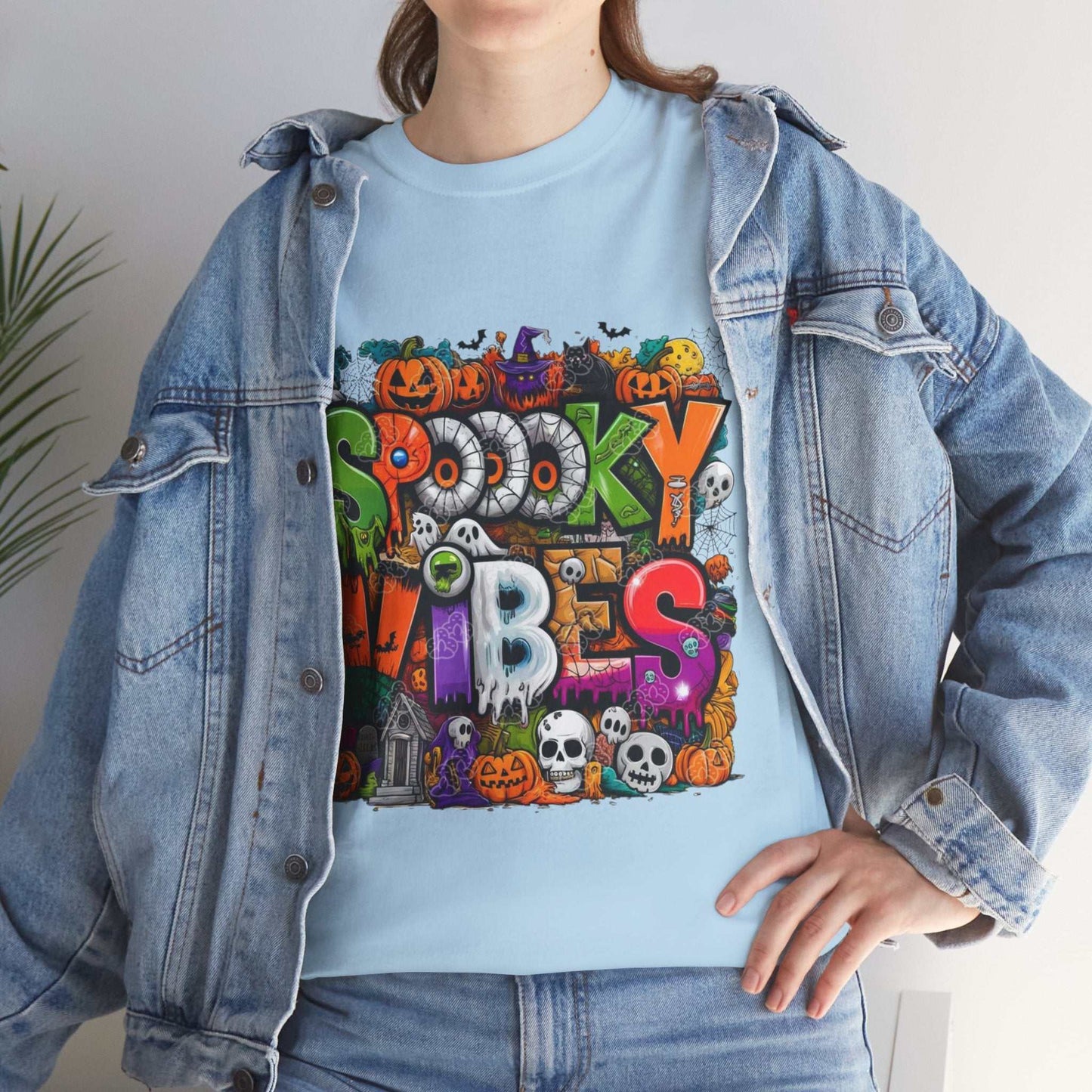 Spooky Vibes Unisex Heavy Cotton Tee, Halloween T-Shirt, Ghostly Graphic Gift