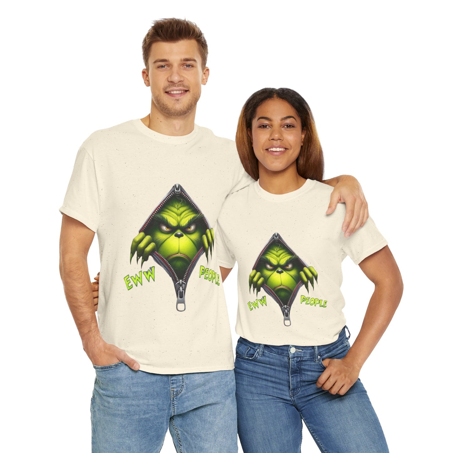 Two people wearing Grinch Ew People Shirt featuring a funny Grinch design, perfect for Christmas.