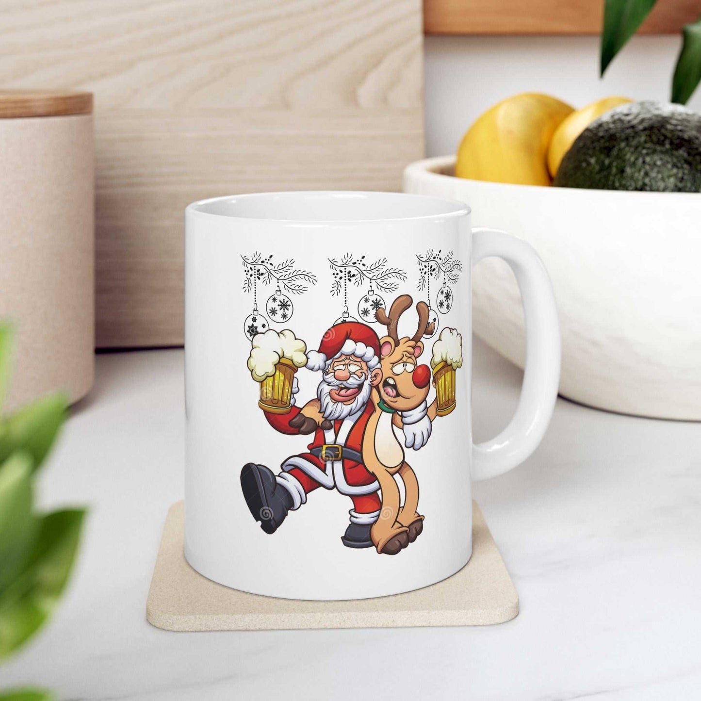 Funny Beer Santa Christmas mug with Santa and Rudolf holding beers, perfect holiday gift.