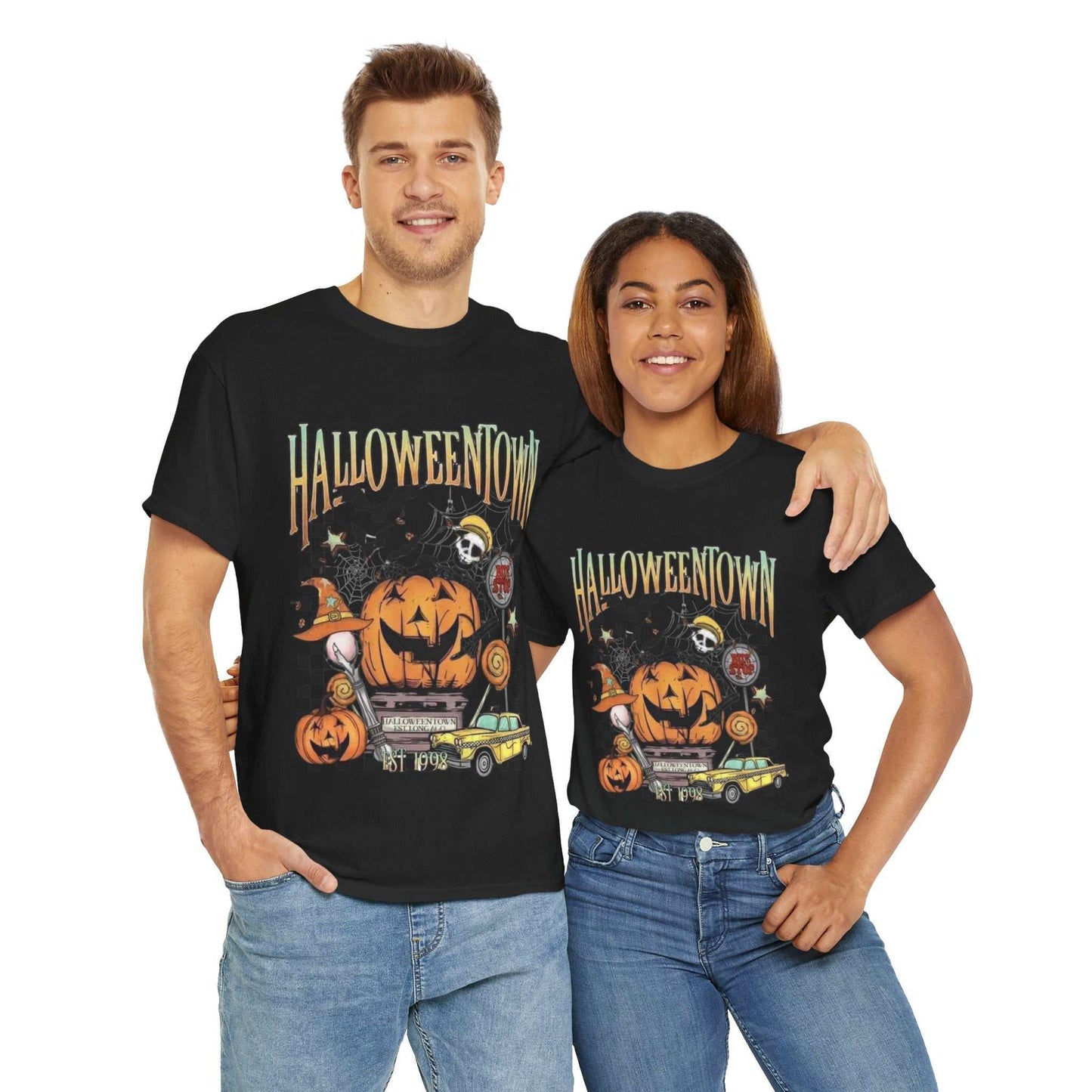 Two people wearing Retro Halloweentown shirts featuring Halloween-themed graphics.