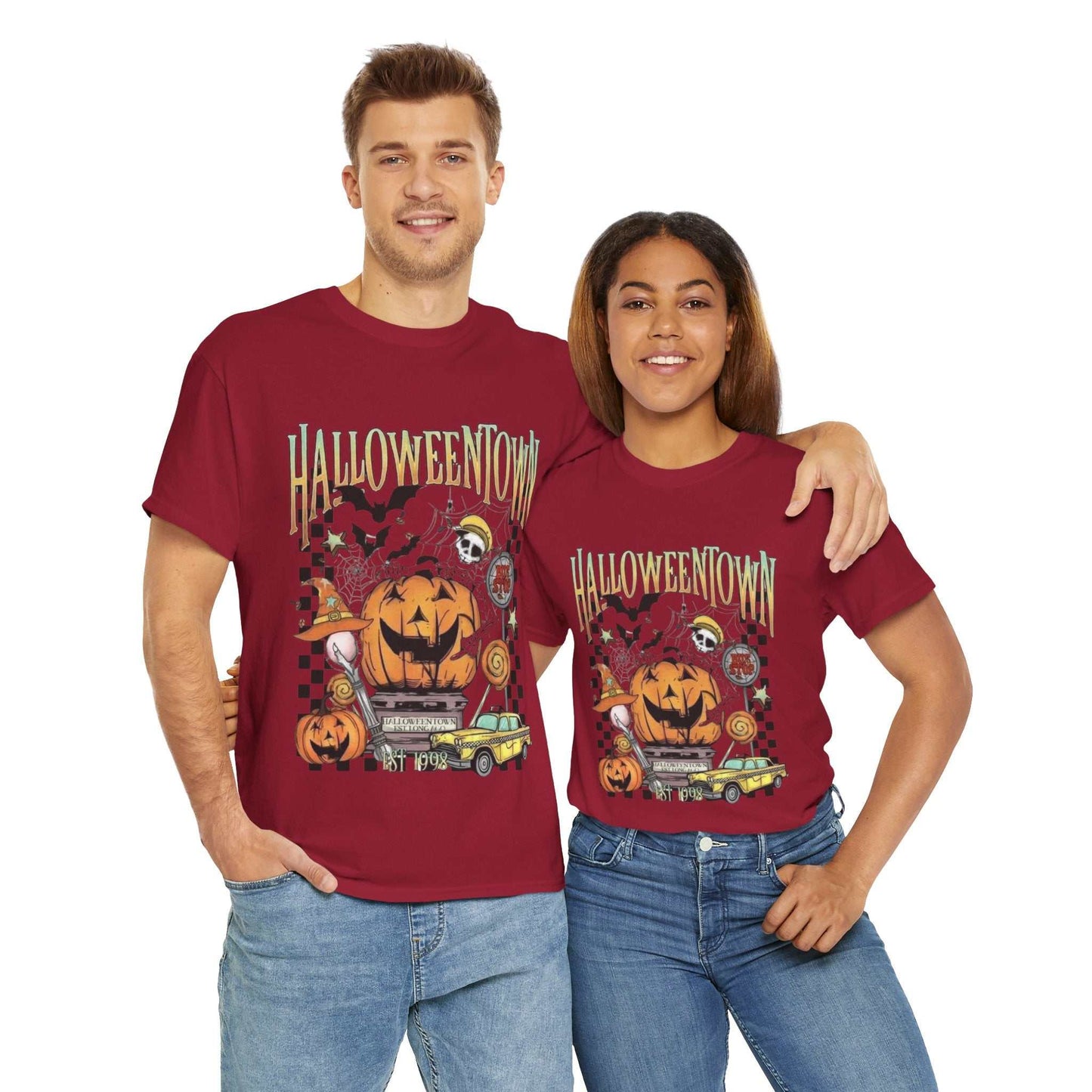 Couple wearing Retro Halloweentown Shirts featuring spooky town design with pumpkins and ghosts, perfect for Halloween season.
