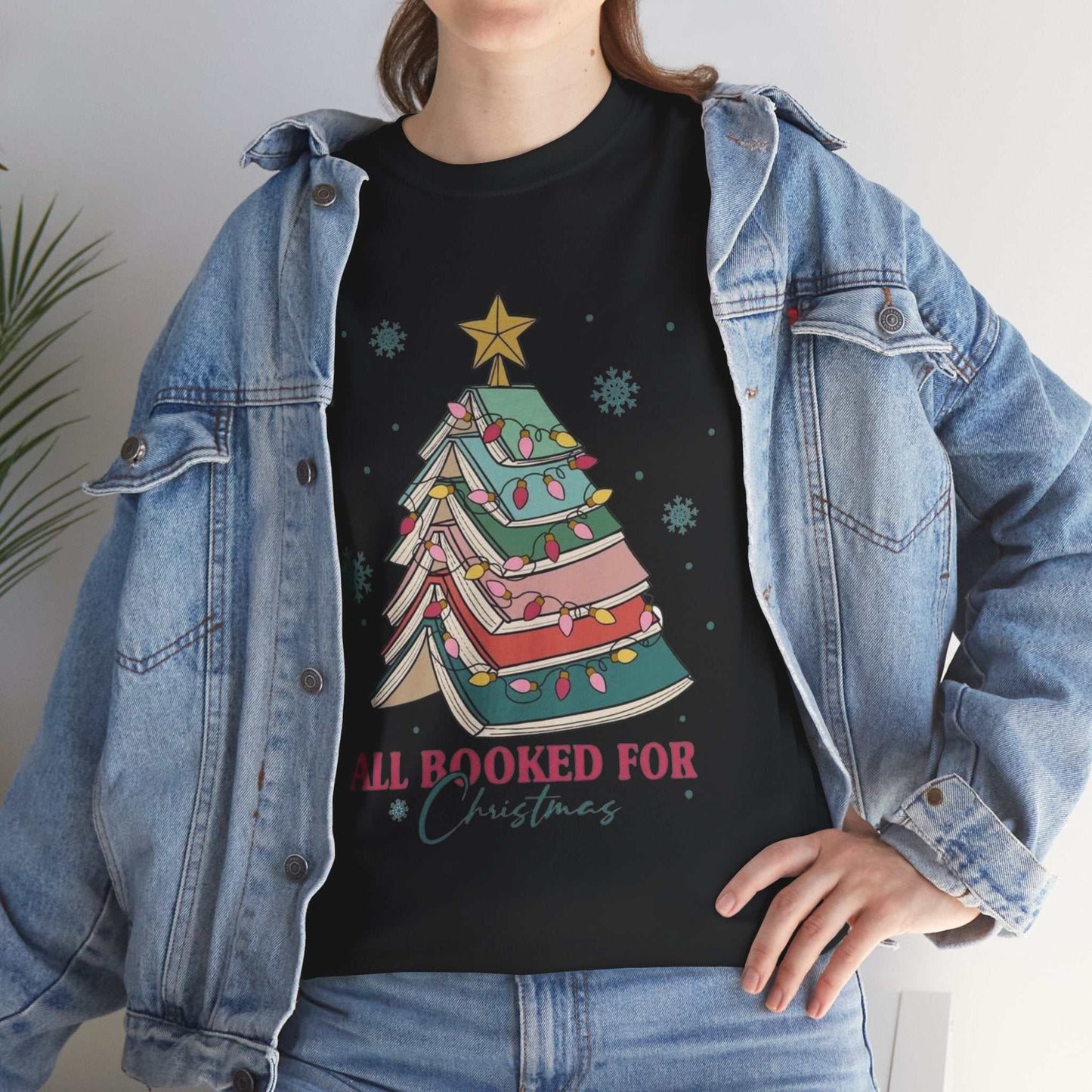 Christmas shirt gift featuring a festive book-themed design with a Christmas tree; perfect for book lovers and librarians.