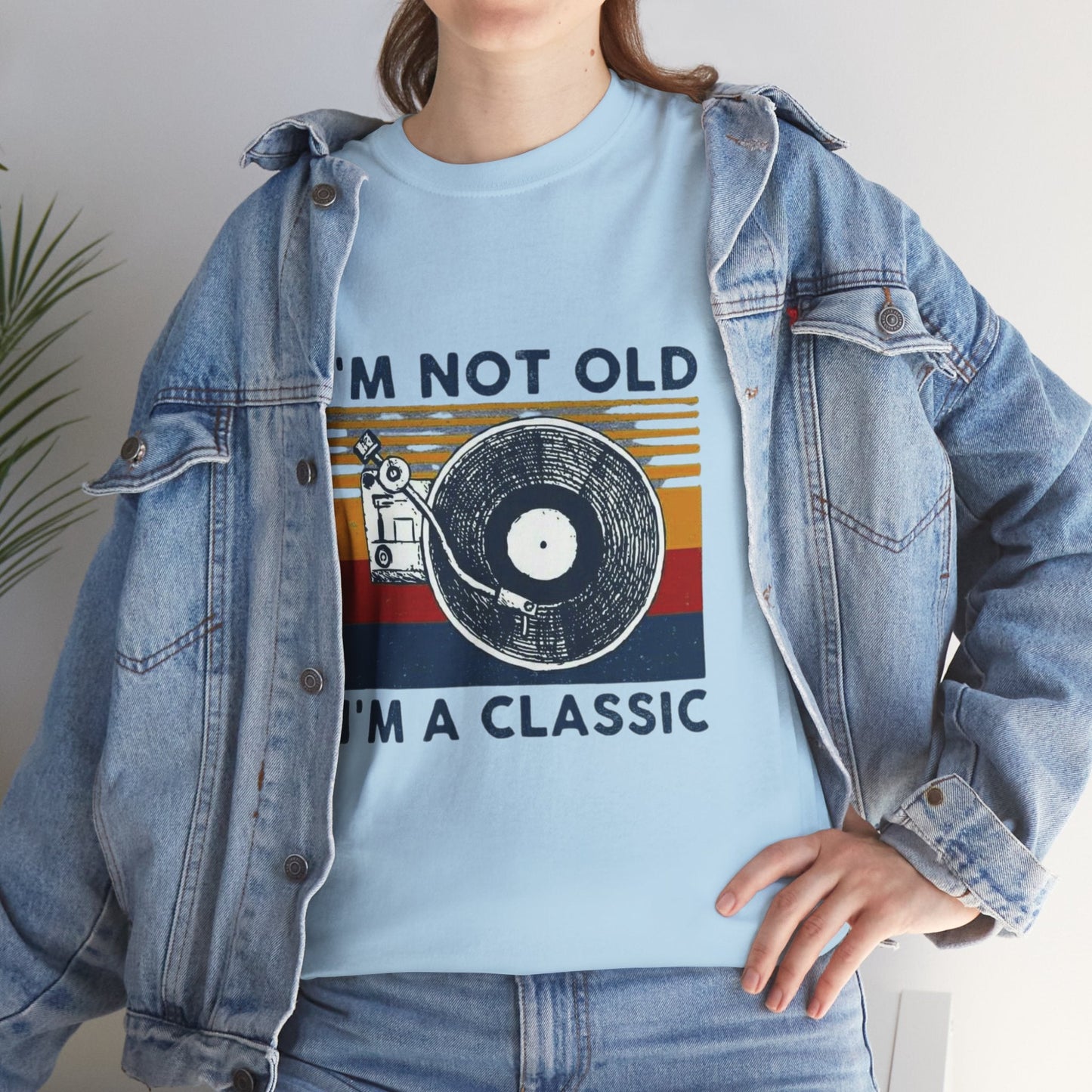 Retro Vinyl Record Unisex Heavy Cotton Tee with "I'm Not Old, I'm A Classic" design