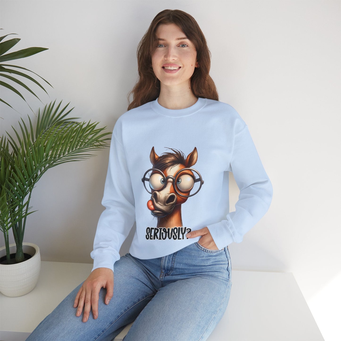 Funny Horse Graphic Crewneck Sweatshirt - 'Seriously?' Unisex Sweatshirt