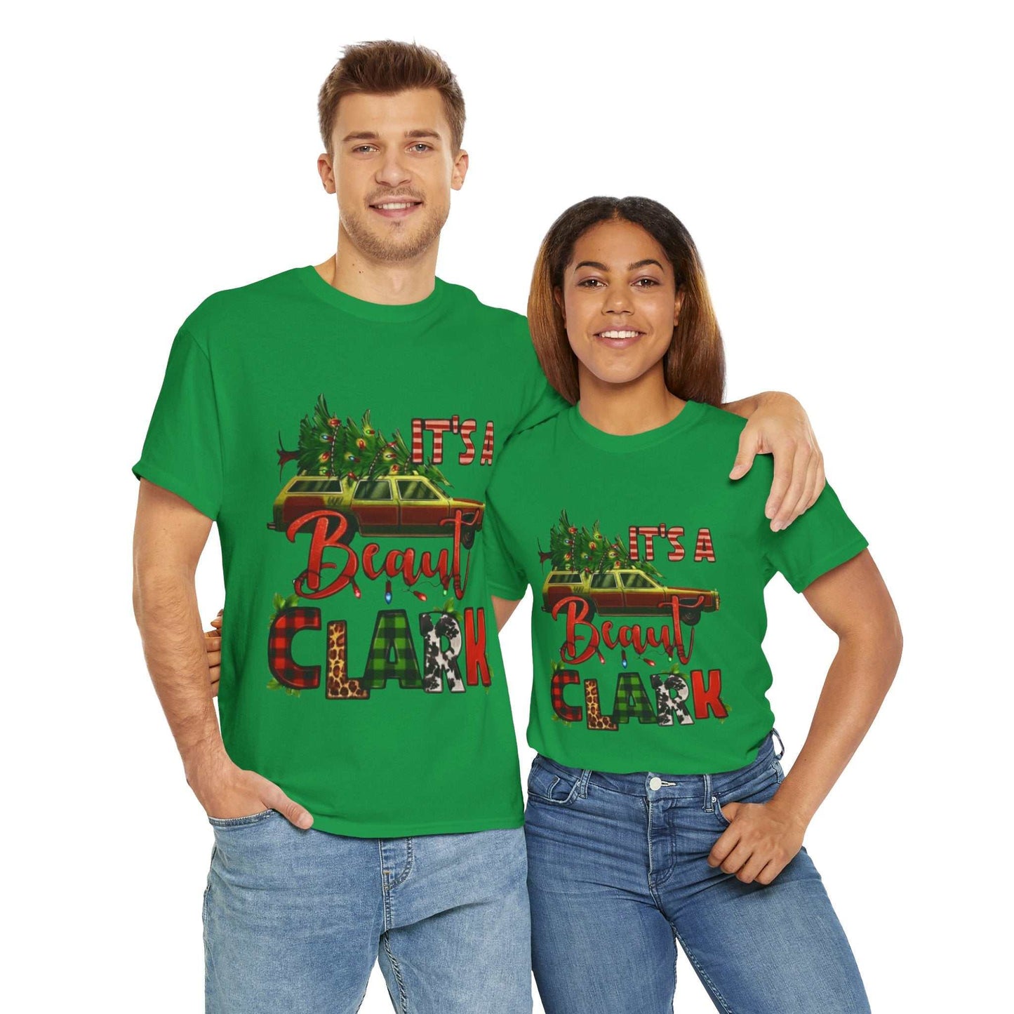 Retro green "It's A Beaut Clark" Christmas shirt featuring vintage design from National Lampoon's Christmas Vacation; ideal holiday gift.