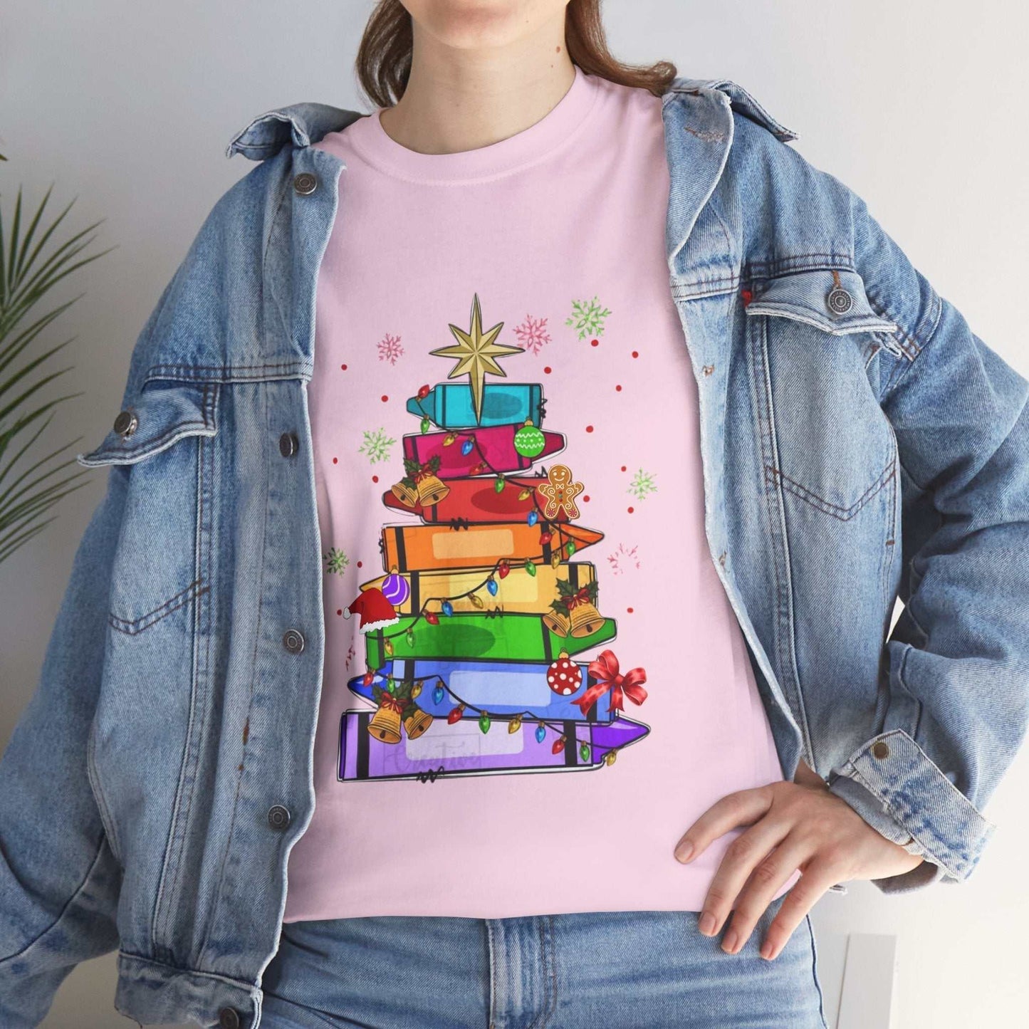 Crayons Christmas Tree T-Shirt featuring a colorful crayon Christmas tree design; perfect teacher team gift.