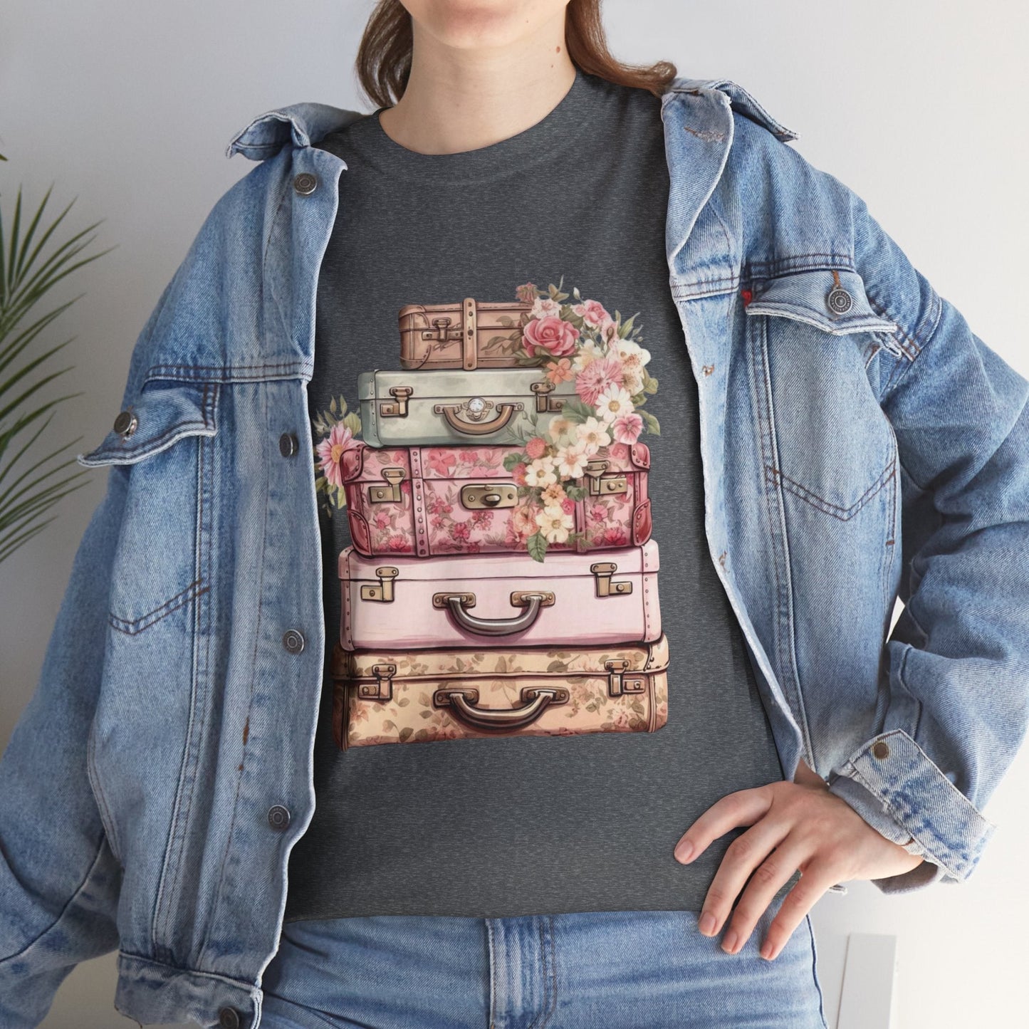 Vintage Floral Suitcase Tee - Unisex Heavy Cotton Tee