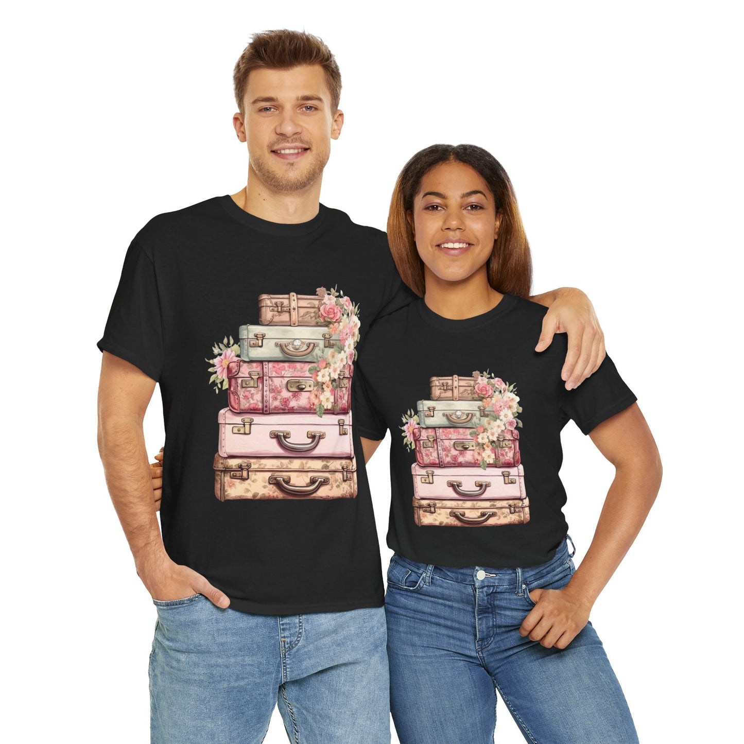 Vintage Floral Suitcase Tee - Unisex Heavy Cotton Tee