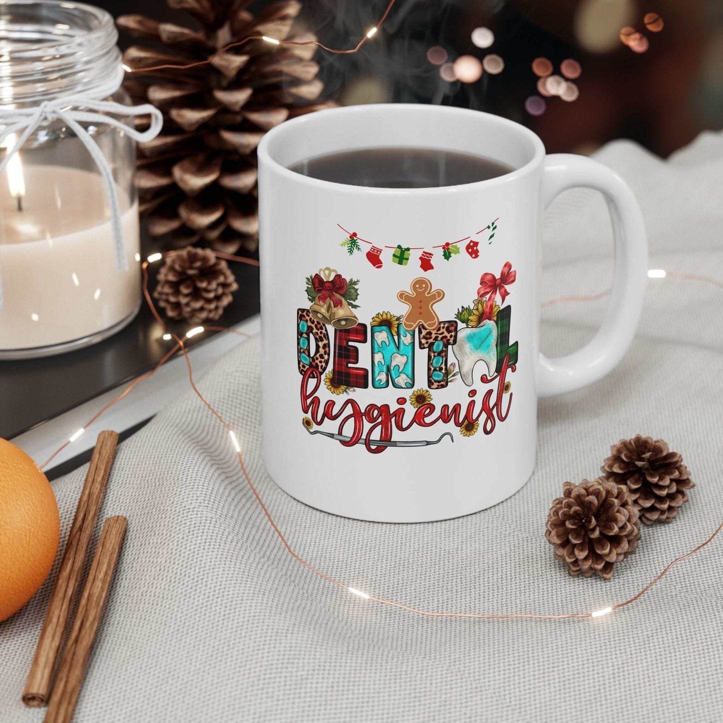 Christmas Dental Hygienist Mug with festive design, perfect gift for dental professionals.