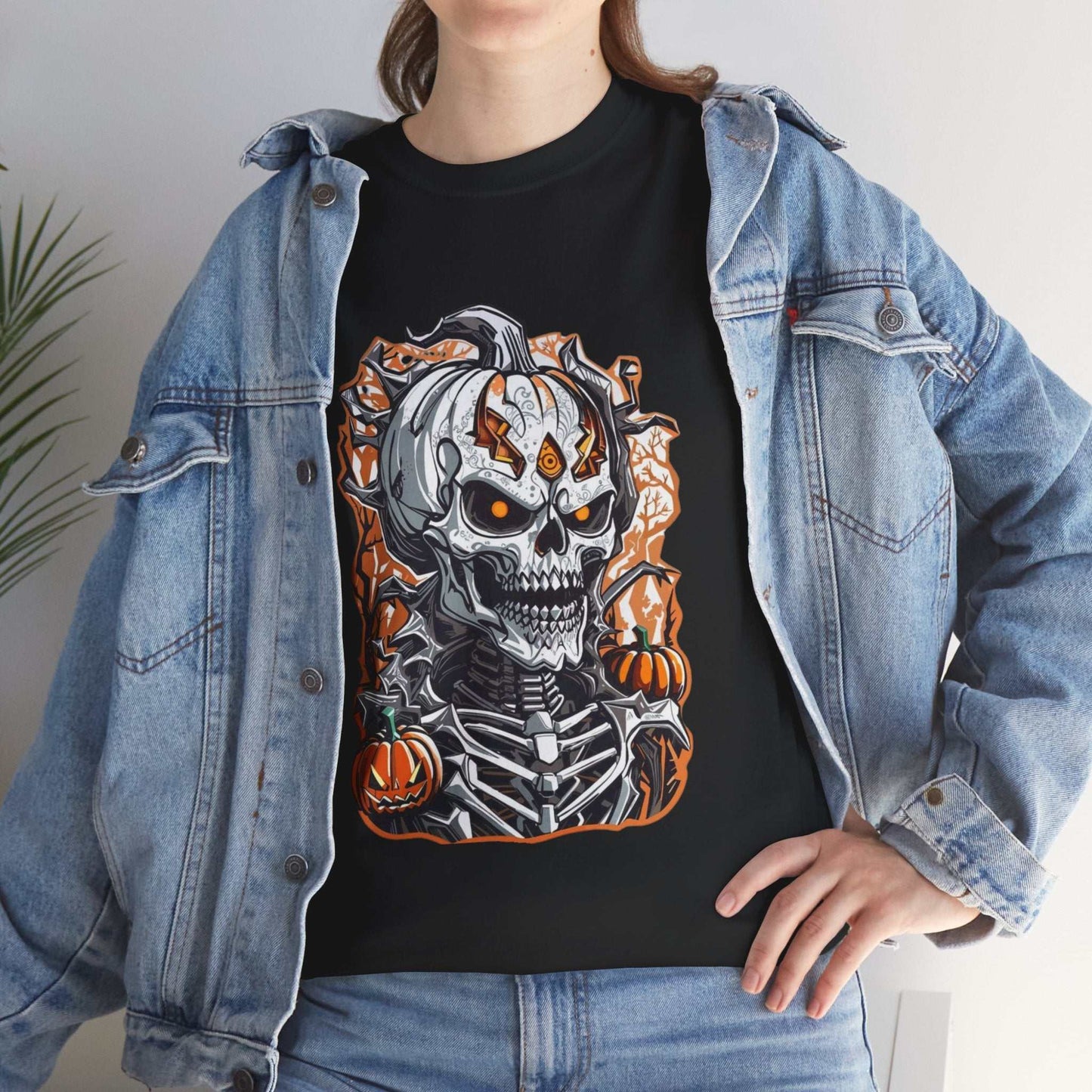 Halloween Skeleton Shirt featuring a pumpkin skull design, unisex cotton tee for casual fashion.
