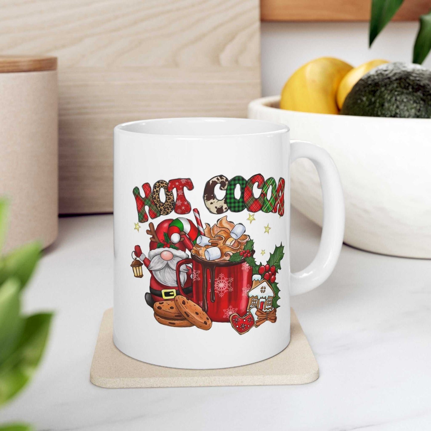 Hot Cocoa Christmas Movies Mug with Gnome Holiday Design on Table