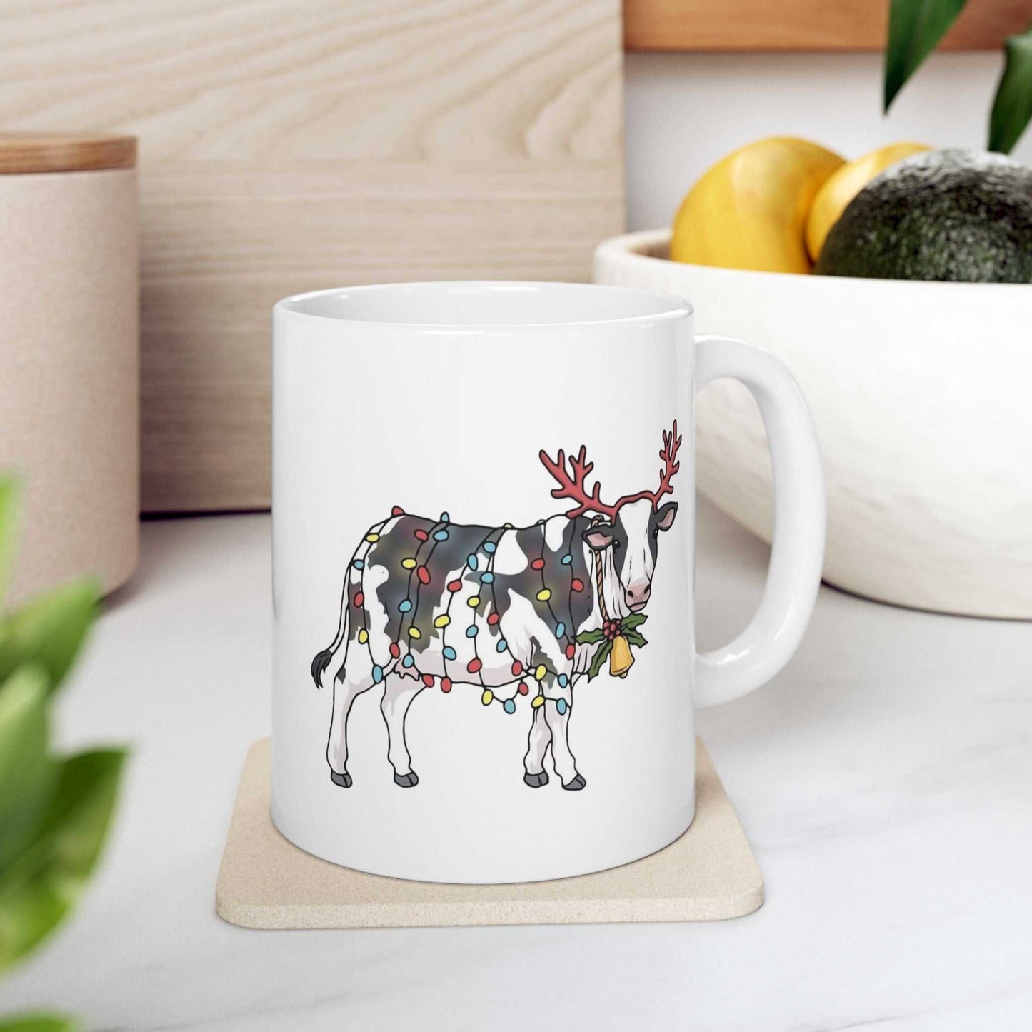 Cute Cow Christmas Lights Mugs, Cow Animal Lover Gift